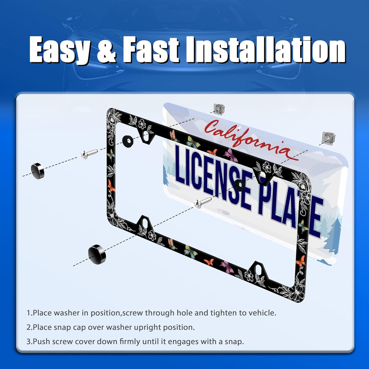 Butterfly License Plate Frame Wild Flower License Plate Holder Stainless Steel Women Colorful Car Accessory Decoration