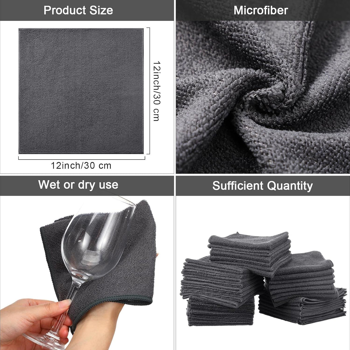 Tenare 100 Count 12'' x 12'' Microfiber Cleaning Cloths Reusable Cleaning Rags Bulk Microfiber Towels Softer Highly Absorbent Washcloths for House Kitchen Car Window(Dark Gray)