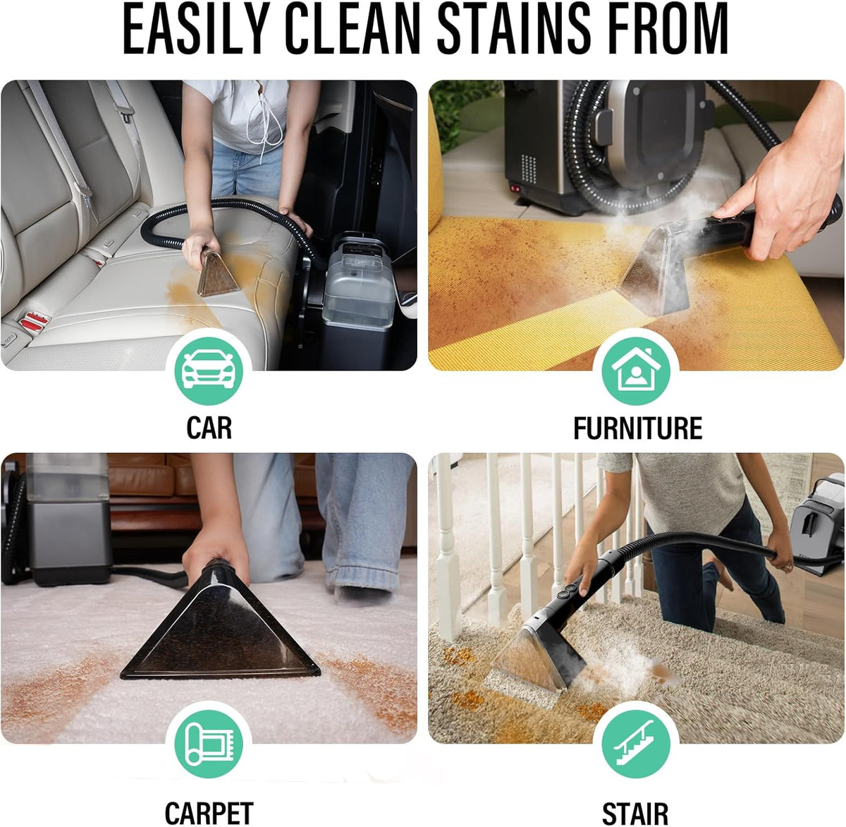 Portable Carpet Cleaner Machine with Steam and Heating Techology,15Kpa Powerful Suction with Versatile Tools for Pets, Couch, Car,Self-Cleaning, Compact Spot Cleaner for Stairs/Furniture/Rug
