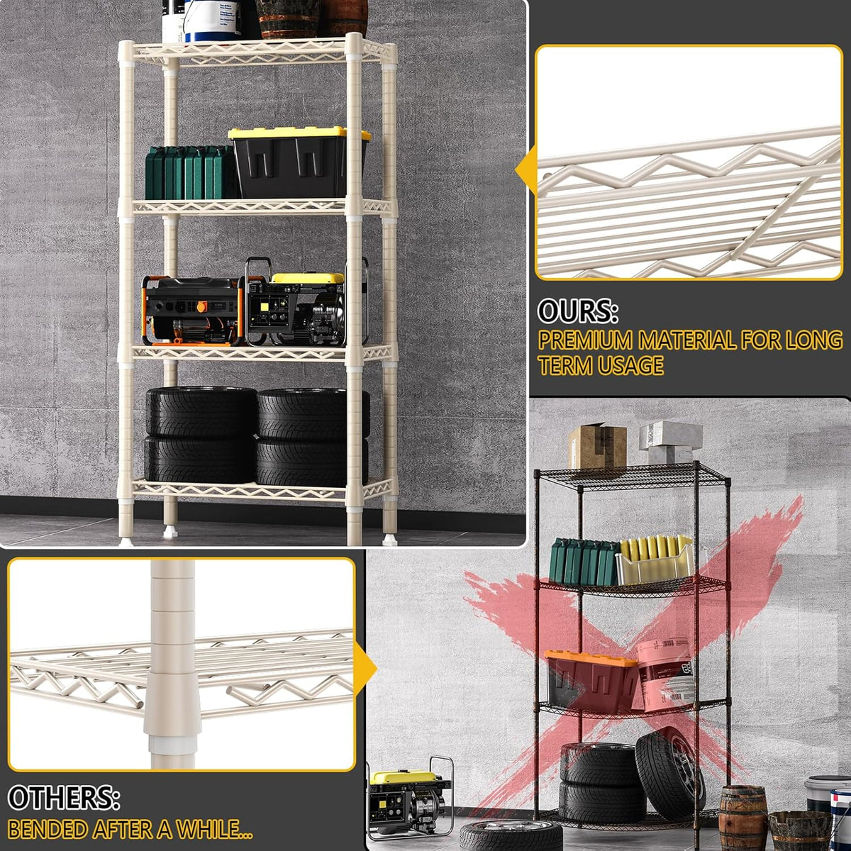 1000 lbs 4-Shelf Standing Storage Shelves Heavy Duty Metal Shelving Unit Adjustable Wire Rack for Office Garage Kitchen, Light Tan 11.8 D x 23.6" W x 47.5" H