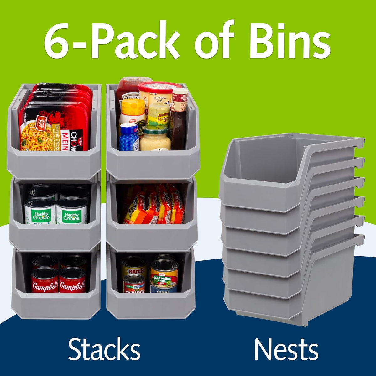 ReadySpace Plastic Containers for Organizing and Storage Bins for Closet, Kitchen, Office, Garage or Pantry Organization, Stackable Bins, Large (14.8" x 8" x 7"), 6-Pack, Blue