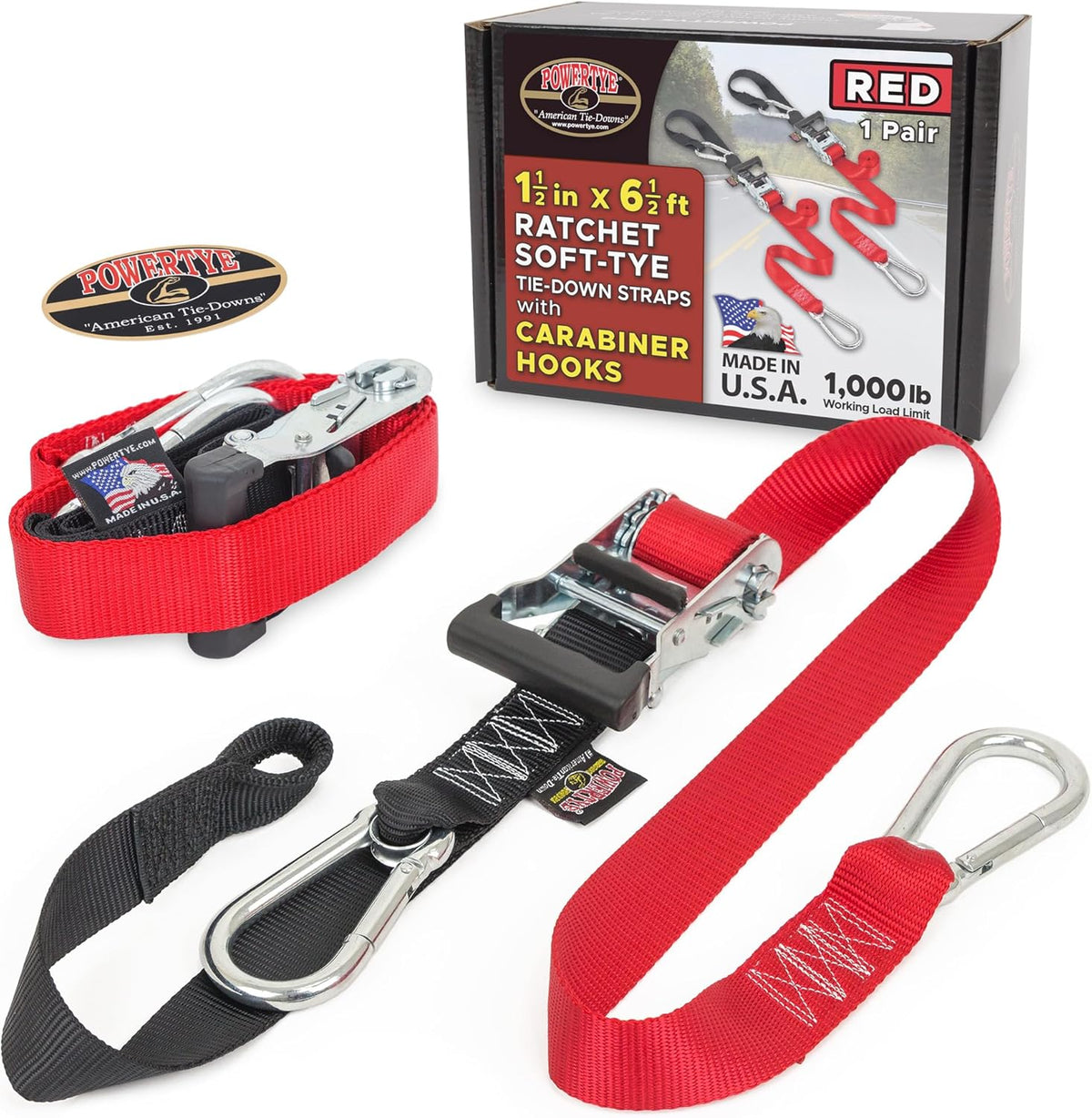 PowerTye 1.5in x 6.5ft Heavy Duty Ratchet Tie-Down Straps with Soft-Tye and Carabiner Hooks - 1,000 lb Working Load Limit / 3,000 lb Breaking Strength - Made in USA - Red/Black Pair