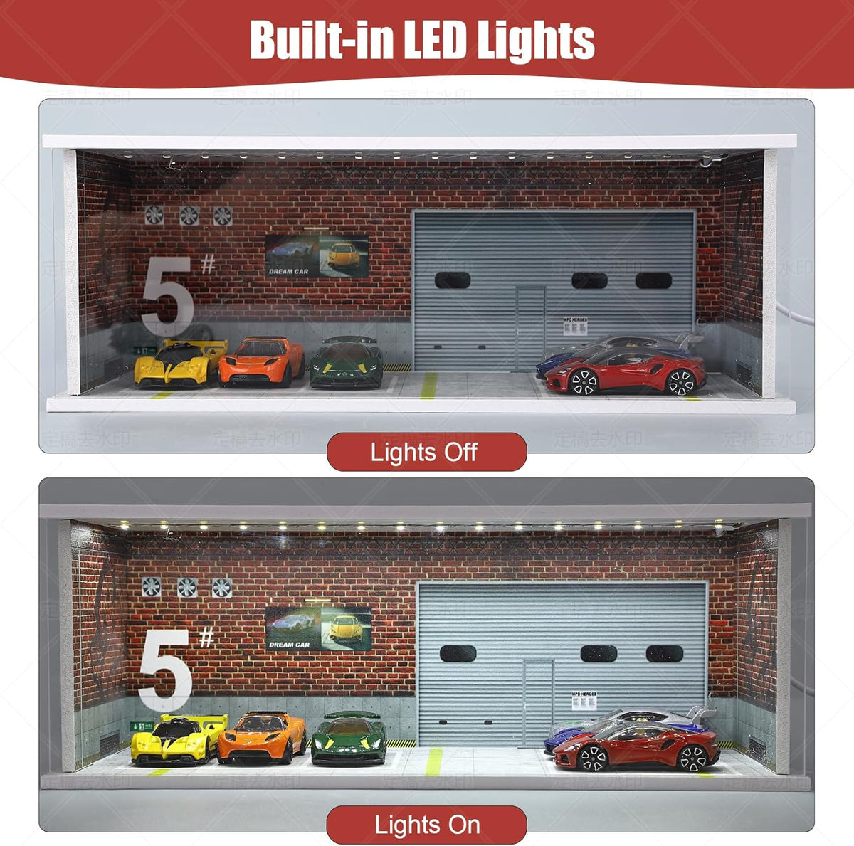 Display Case for Hot Wheels: Stackable Parking Garage for 1/64 Scale Matchbox Toy Car, FoamBoard Storage for Monster Trucks with LED Light and Acrylic Cover, Red Bricks