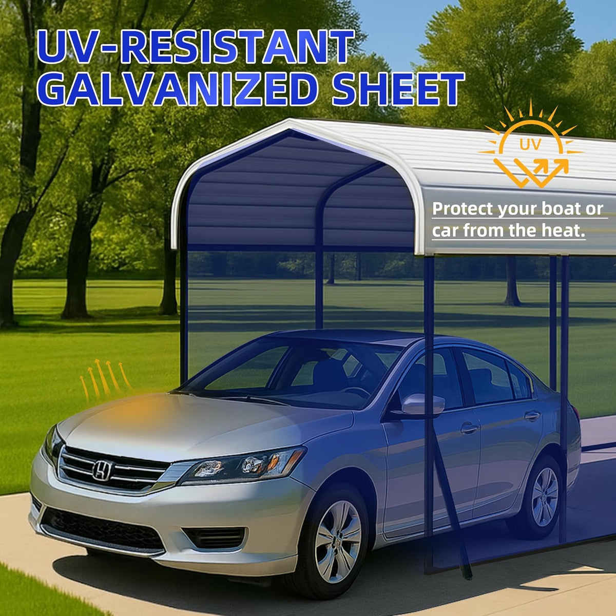 10x15 Metal Carport with Base Fixings Heavy Duty Garage Outdoor Chrome Plated Frame and Sheet Metal Construction Suitable for Boats, Cars, Tractors and Agricultural Equipment, White