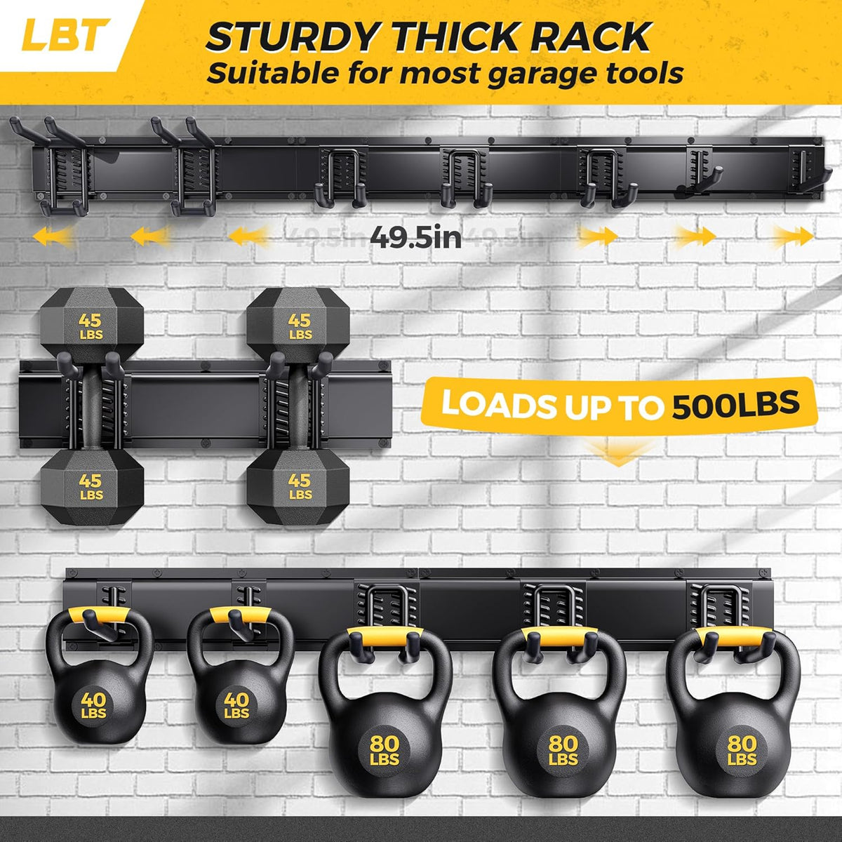 LBT 49.5"Garage Tool Organizer Wall Mount 500lbs Garden Tool Organizer for Garage with Adjustable Hooks,Heavy Duty Yard Tool Storage Rack, Anti-Rust Shed Rack Holder Hanging Rake Broom Mower Snowboard