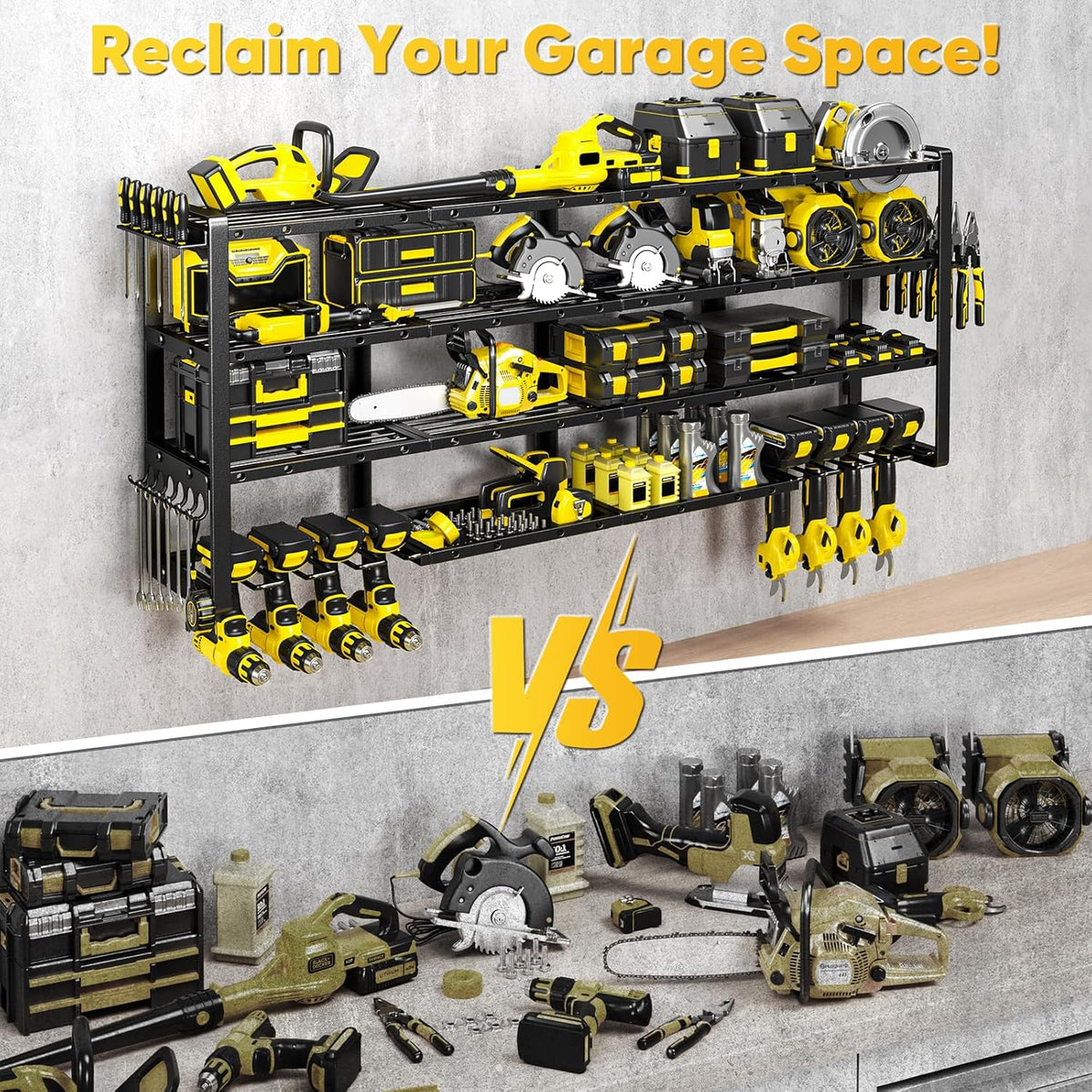 64”W Power Tool Organizer Wall Mount, Heavy Duty 8-Drill Cordless Drill Holder Supports 800 lbs, 4-Layer Corner or Straight Assembly Large Tool Battery Storage Rack for Garage Workshop