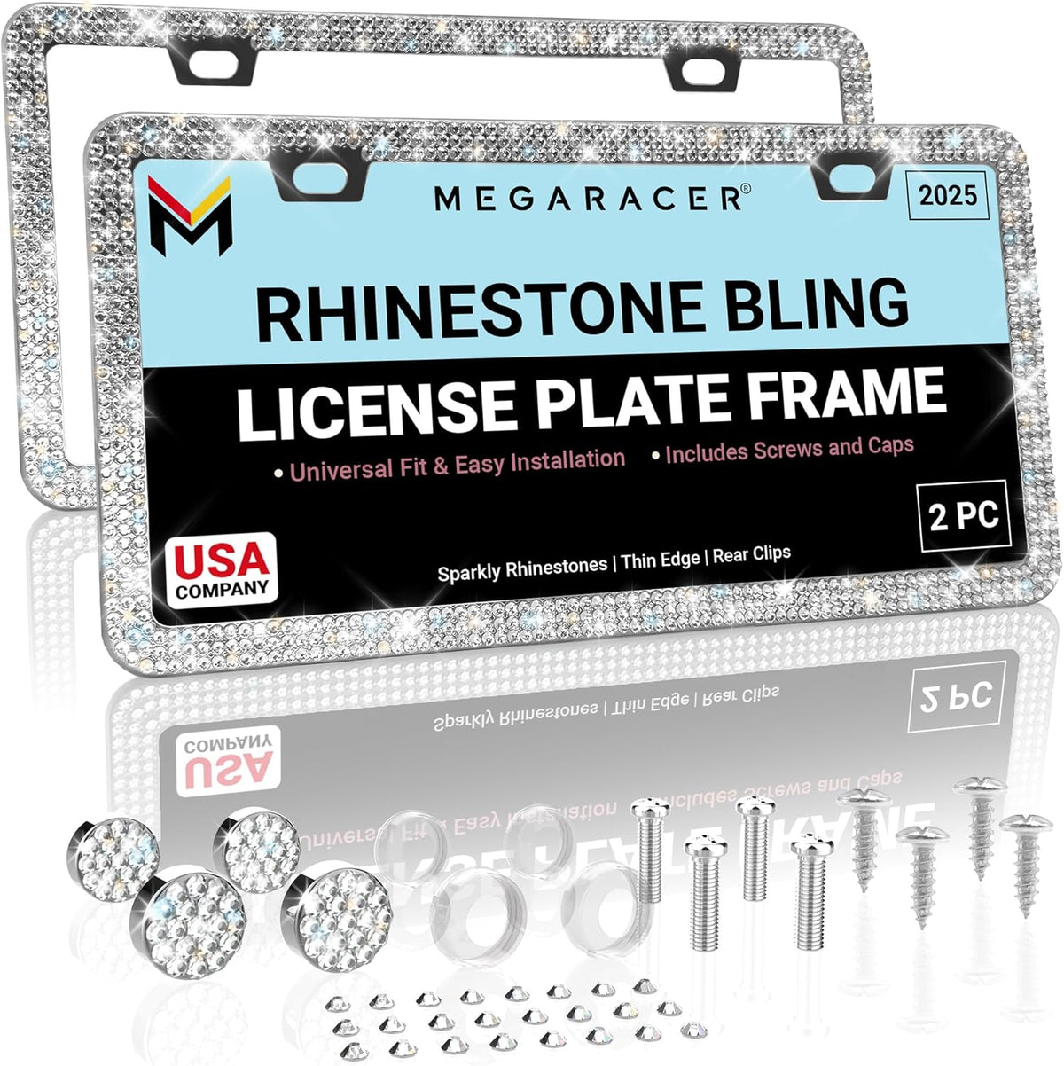 Dazzling Bling License Plate Frames for Women - 2 Pack, 1600 Premium Rhinestones, Rust-Free Stainless Steel, Street Legal Slim Design, Sparkly Diamond Car Tag Holders with Glitter Crystal Screw Covers