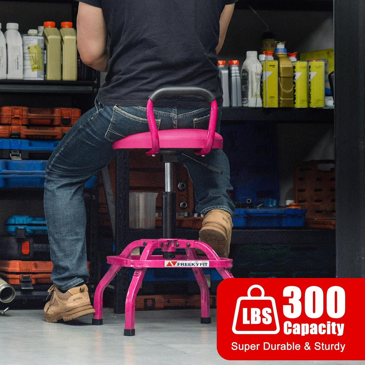Garage Stool, Adjustable Height Swivel Work Mechanic Shop Stool with Backrest, Pneumatic Shop Chair for Home, Workshop, 300 LBS Capacity, 360° Rotation, Heavy Duty, Pink
