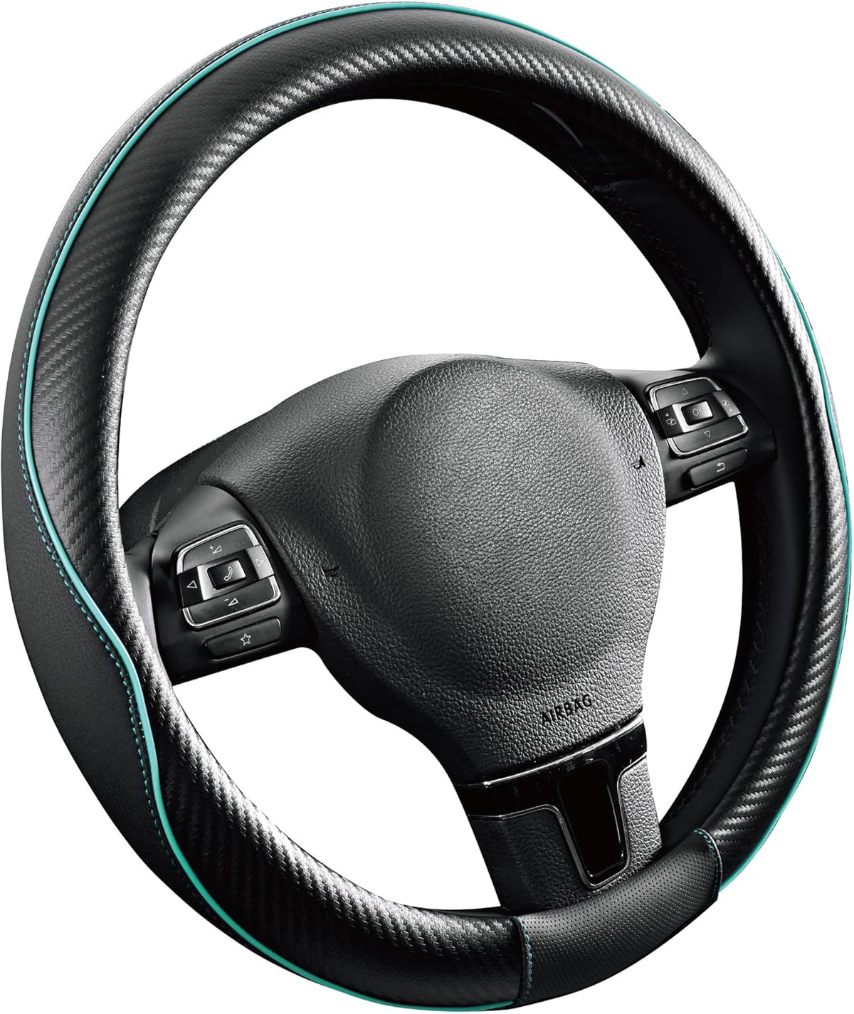 PIC AUTO Steering Wheel Cover, Mint Piping Leather, Sports Carbon Fiber and Super Breathable Leather, Universal 14.5-15.5 Inch Anti-Slip Steering Wheels Accessories for Men & Women