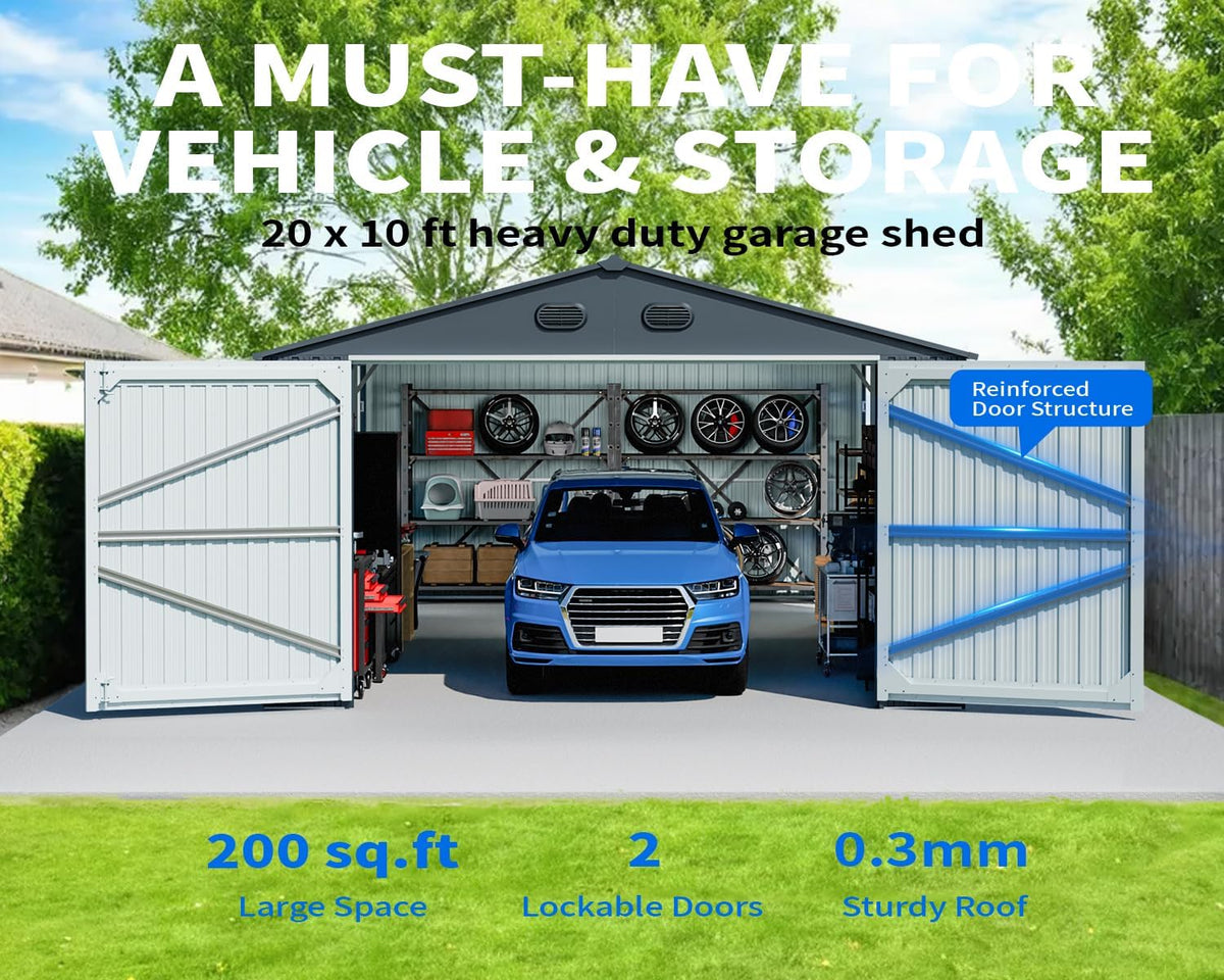 10x20 Metal Shed, Metal Garage Building with 2 Lockable Doors, Prefab Garage Shed with 4 Air Vents, Large Sheds & Outdoor Storage Clearance, Car Sheds for Truck, Tool, Lawnmower, Dark Gray