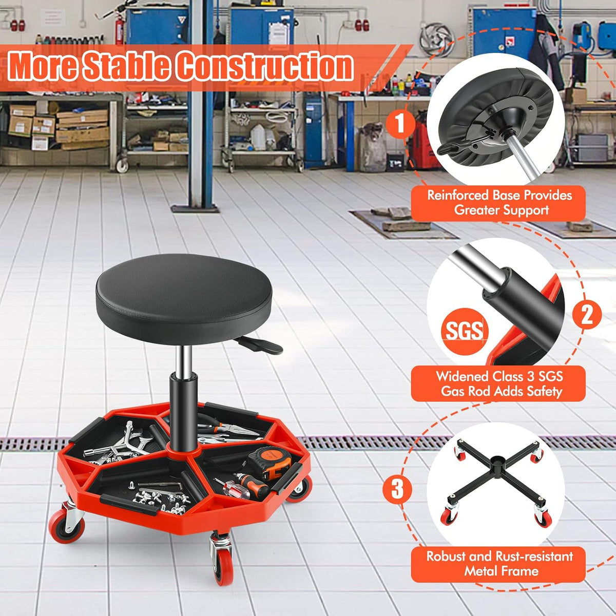 Adjustable Mechanic Rolling Stool, Pneumatic Rolling Stool with Wheels, Tool Storage Tray & Padded Seat Cushion, Garage Stool Chairs Creeper Seat (Red)