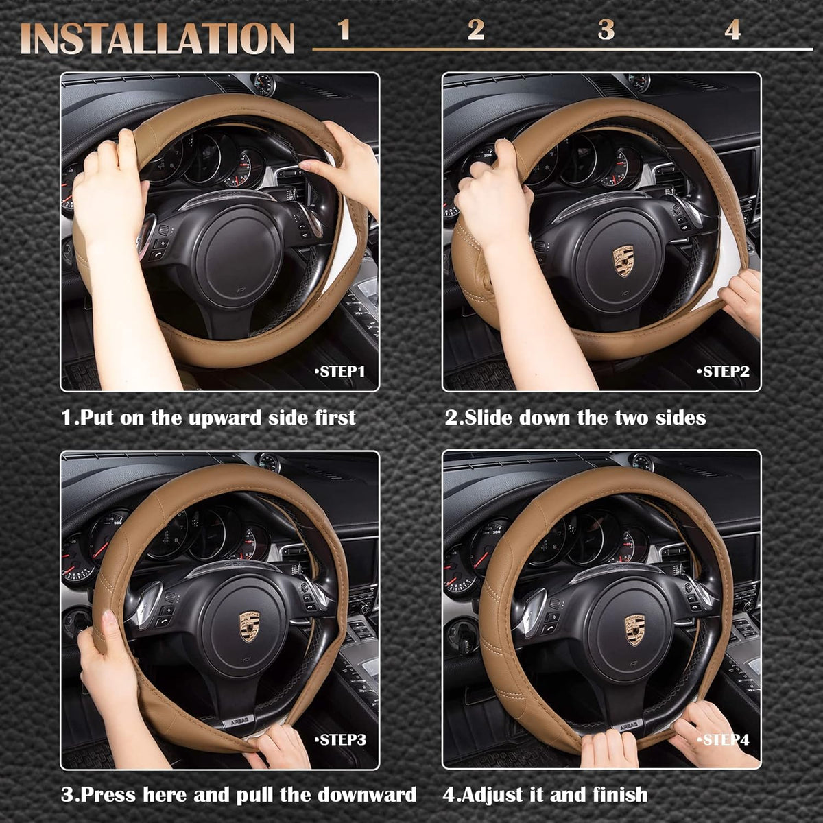 CAR PASS Line Rider Microfiber Leather Sporty Steering Wheel Cover Universal Fits for 95% Truck,SUV,Cars, Anti-Slip Safety Comfortable Desgin (Pure Brown)