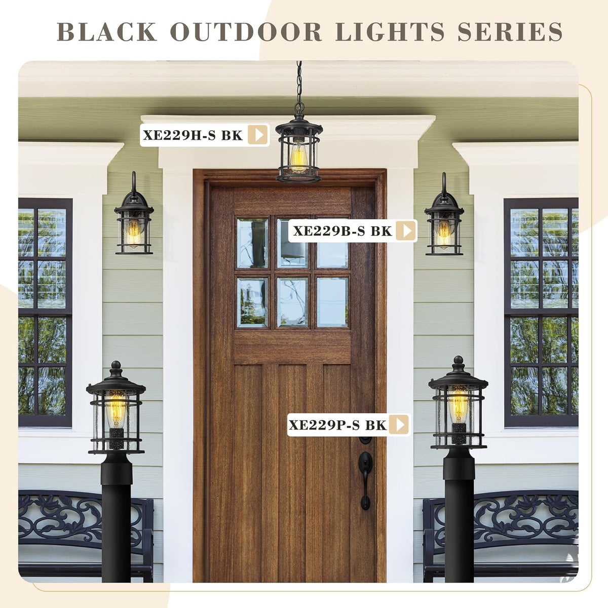 Emliviar Modern Porch Lights 2 Pack - Outdoor Wall Light Fixtures Wall Mount for Garage, Black Finish with Seeded Glass Shade, XE229B-S-2PK BK