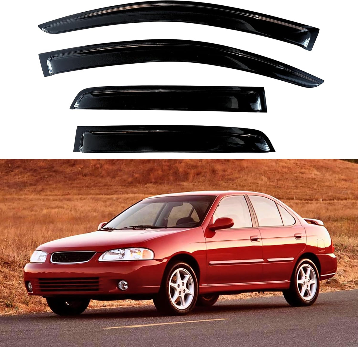 KPY Window Visor Compatible with Nissan Sentra Sedan 2000-2006, 4PC Rain Guard Side Window Vent Deflectors Tape-On Style, 2000 2001 2002 2003 2004 2005 2006