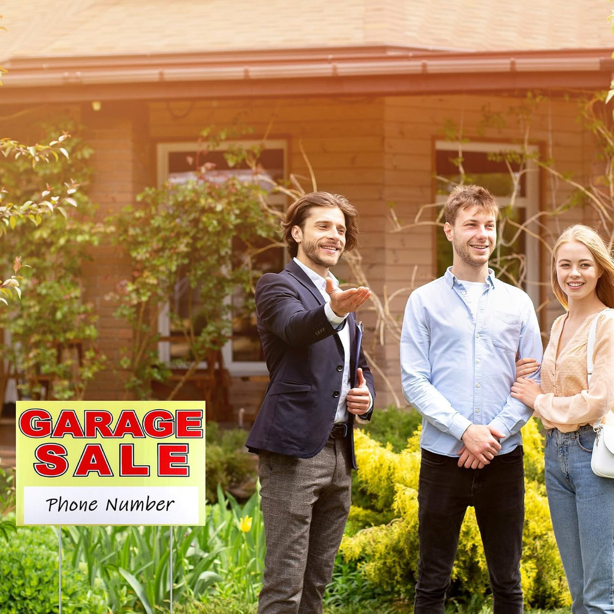 Marsui 3 Pcs Garage Sale Sign 23.6 x 15.7 Inch Double Sided Garage Sale Sign with Stakes Blank Corrugated Plastic Yard Signs with Directional Arrow and Metal Stake