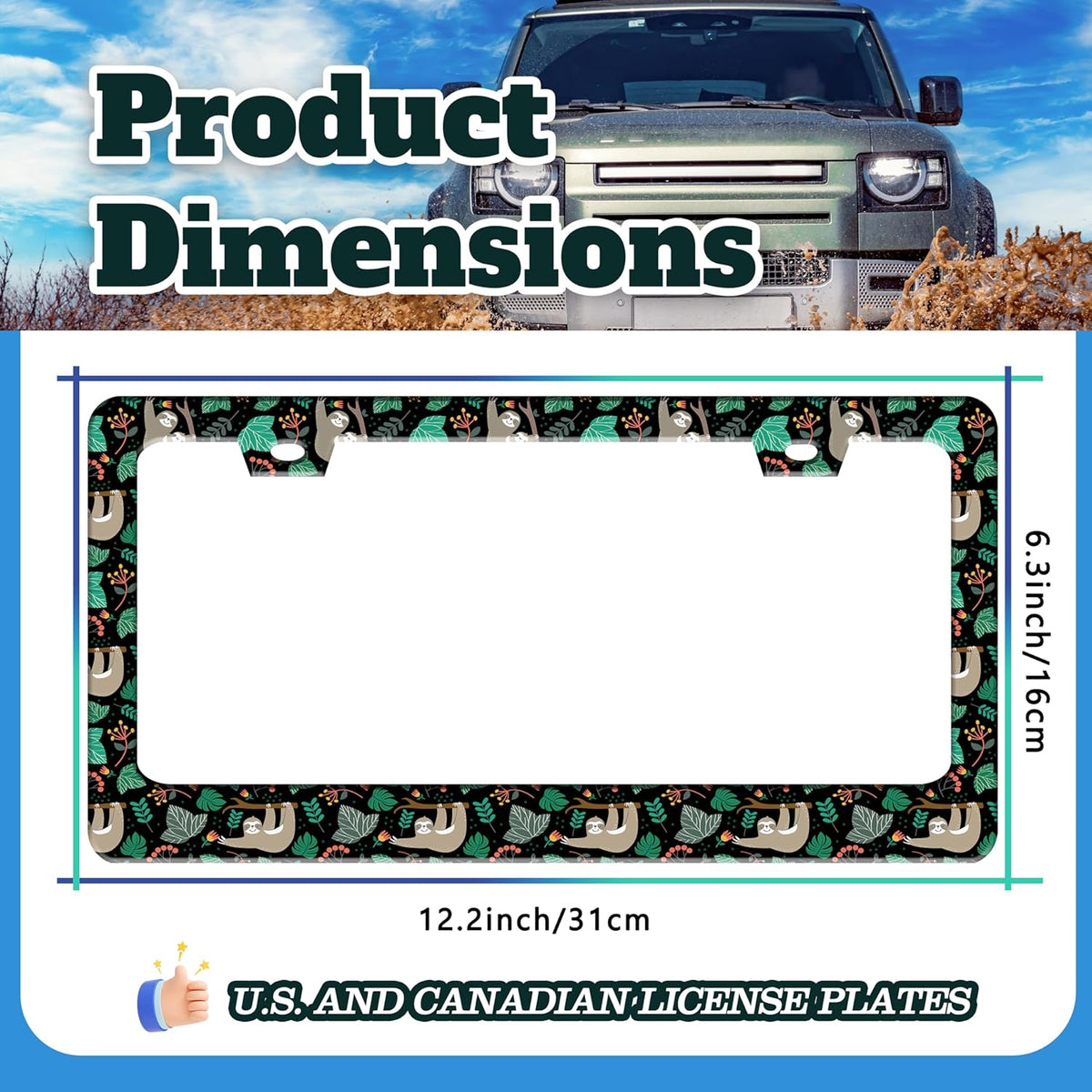 Cute Sloth License Plate Frame Funny Animal Climbing Tree License Plate Holder for Front or Rear Car Tags Stainless Steel Car Decoration with Screws 6.3 X 12.2 in