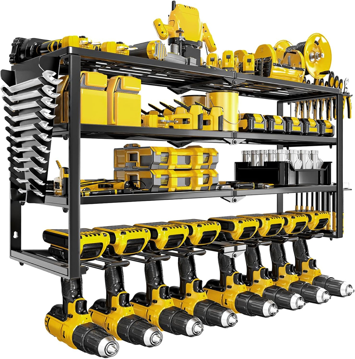 Heavy Duty Power Tool Organizer Wall Mount, Cordless Drill Hanger Storage Rack, Battery Tool Holder Utility Rack with Side Wrench Rack for Garage Workshop-32 Inch 8 Slots