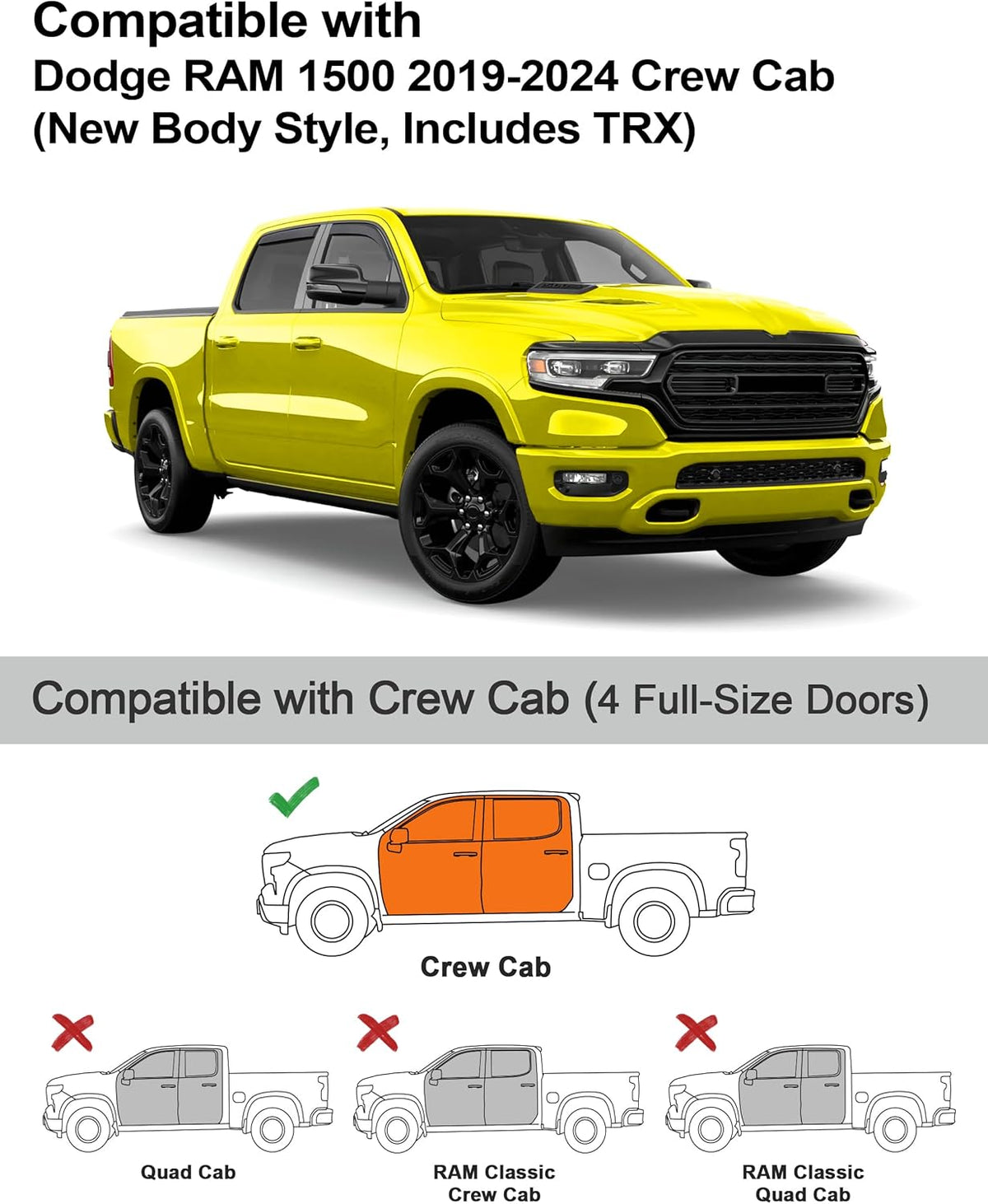 in-Channel Window Rain Guards Fit for Truck Dodge RAM 1500 (New Body Style Includes TRX) 2019-2025 Crew Cab Extra Durable Window Deflectors Vent Visors Shades Exterior Car Accessories