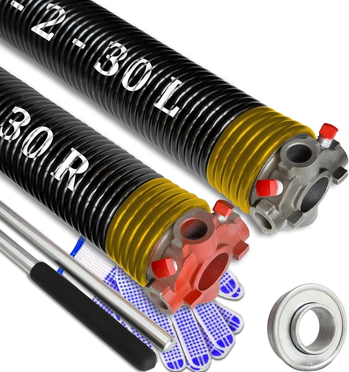 Garage Door Torsion Spring Set, Pair of 2" Electrophoresis Coated Garage Door Spring Replacement with 2 Non-Slip Winding Bars and Bearing, Minimum 16000 Cycles (.250x2x30")