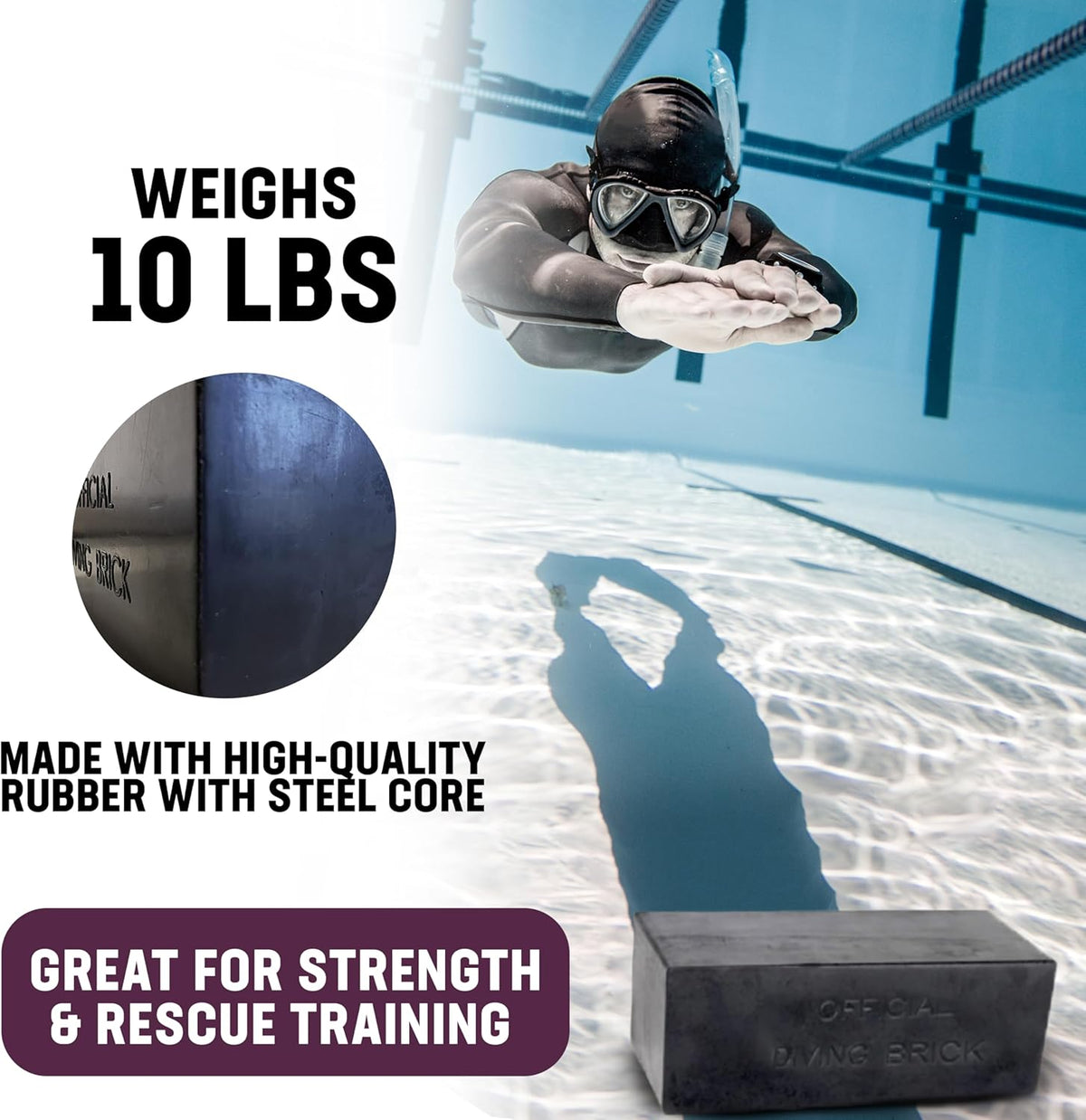 Kemp USA 10 lbs Rubber Diving Brick - Durable Water Brick for Lifeguard Training - Rectangular Dive Weight for Rescue Practice - Ideal Water Bricks for Strength Training - 10x4x4 Inches