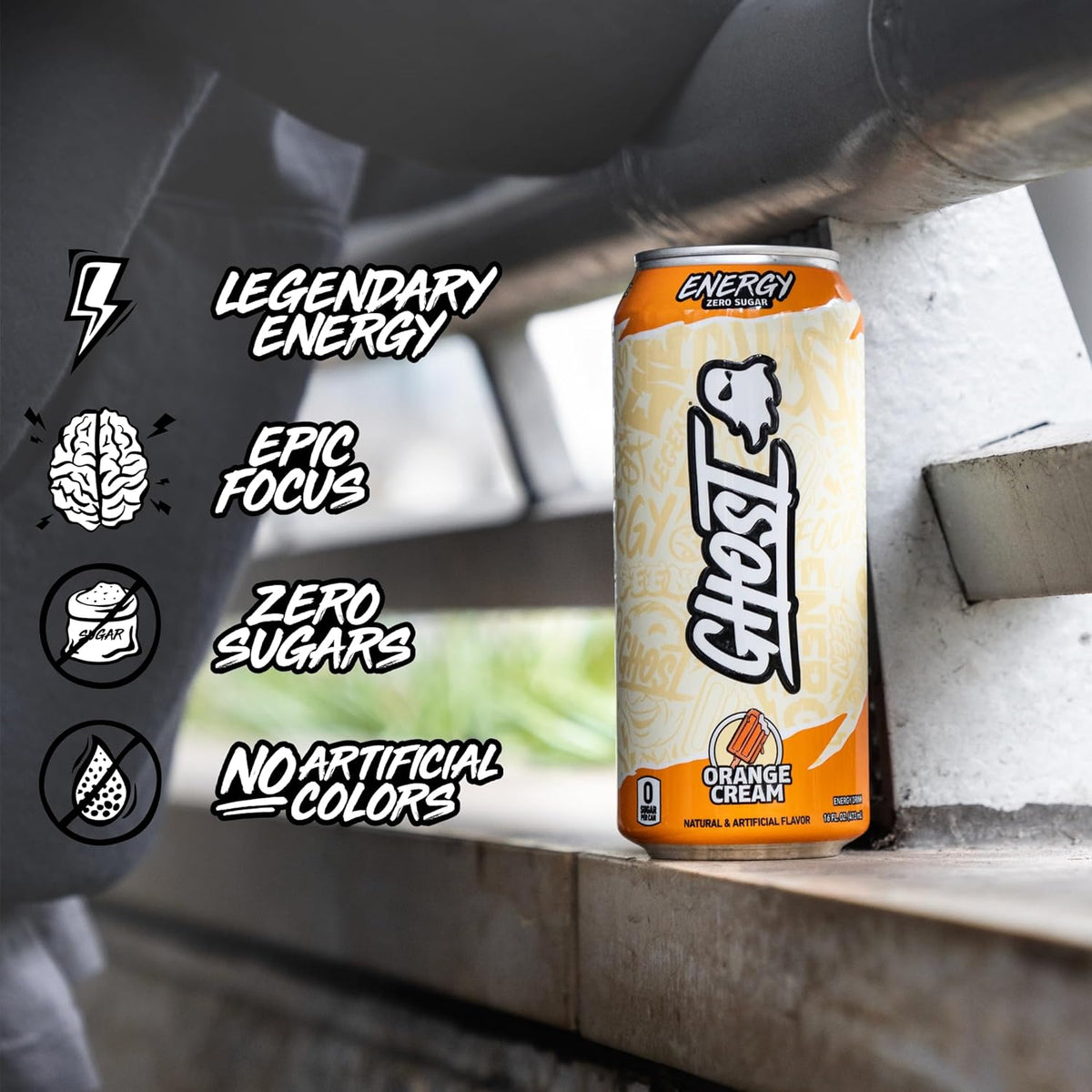 GHOST Energy Drink - 12-Pack, Orange Cream, 16oz Cans - Energy & Focus & No Artificial Colors - 200mg of Natural Caffeine, L-Carnitine & Taurine - Gluten-Free & Vegan