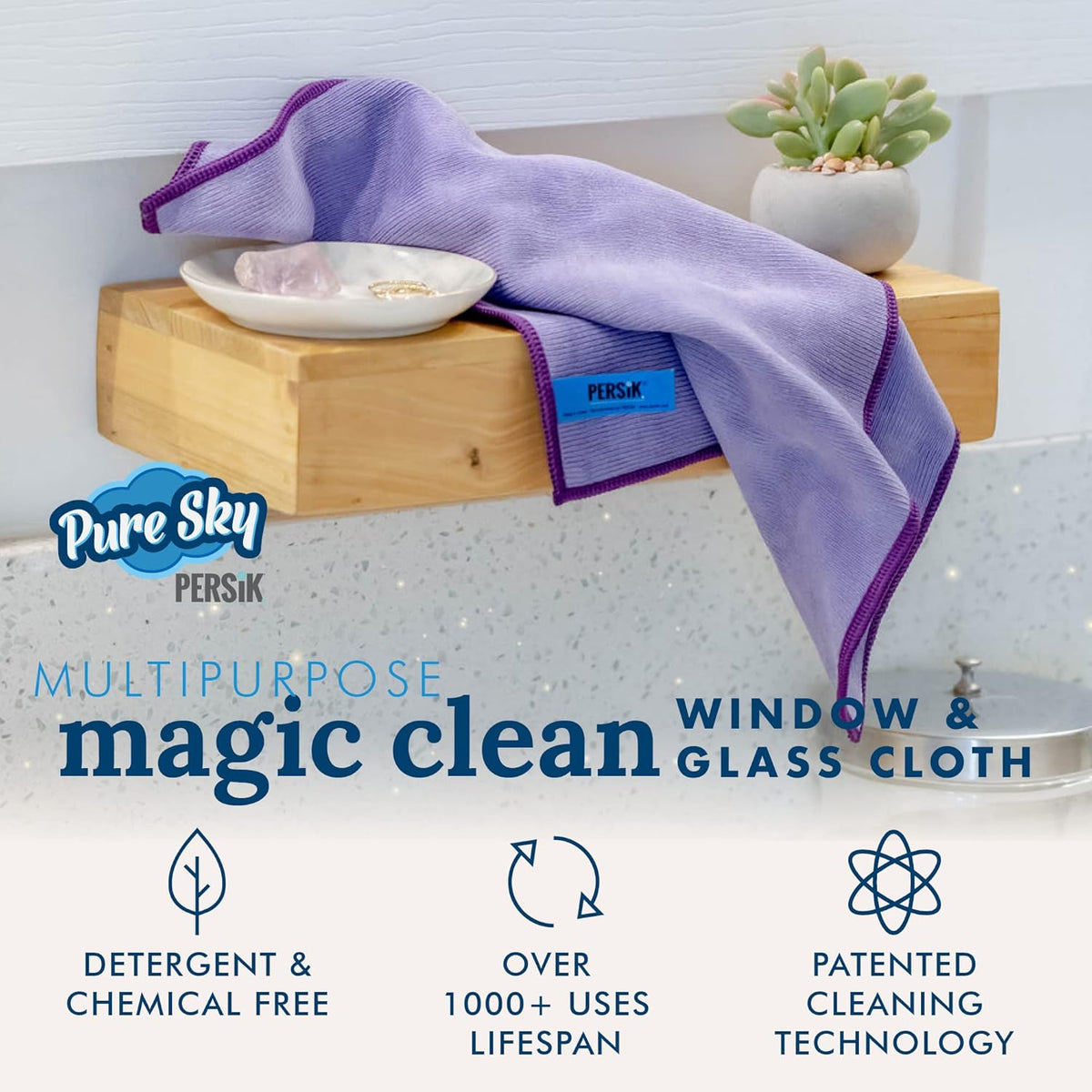 persik Pure-Sky Microfiber Cleaning Cloth - JUST ADD Water No Detergents Needed – Streak Free Magic Ultra Microfiber Polishing Towel - for Windows, Glass, Mirror and Screen - Leaves no Wiping Mark