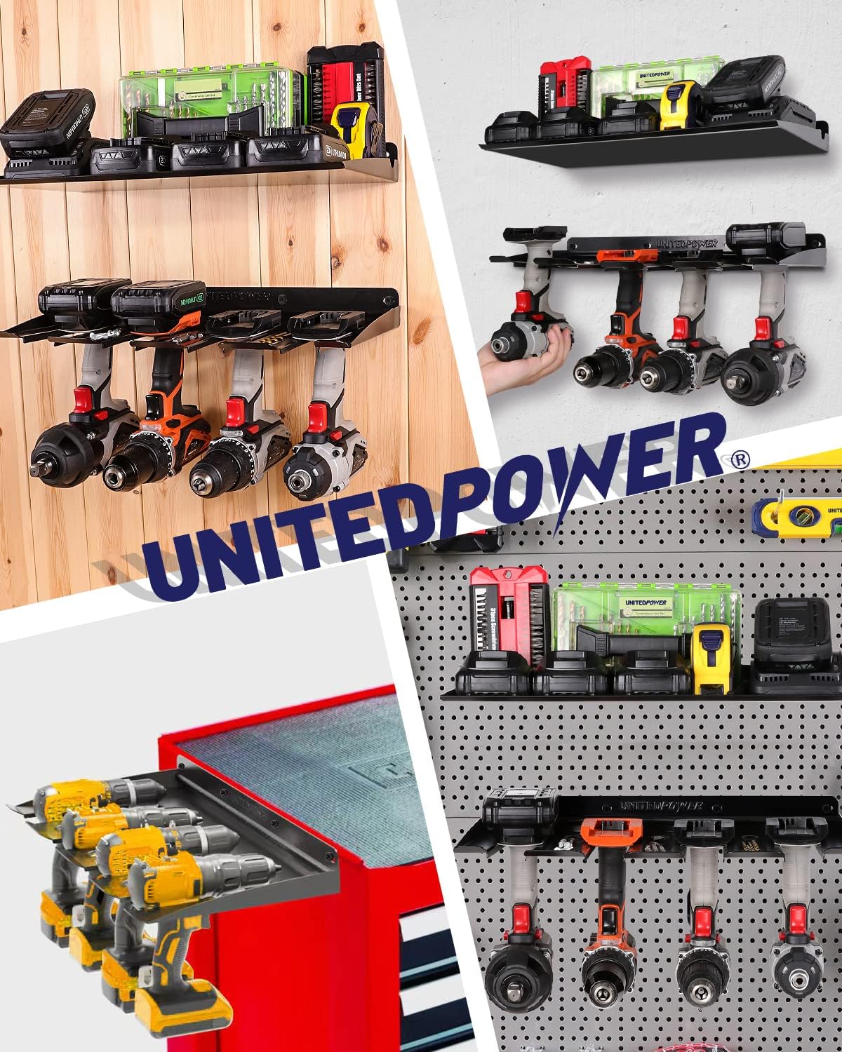 UNITEDPOWER Electric Drill Storage Rack, Holds 4 Drills, Wall Mounted Power Tool Organizer for Battery Powered Hand Tools, Workshop, Shed, Garage, Home (Drill Rack)