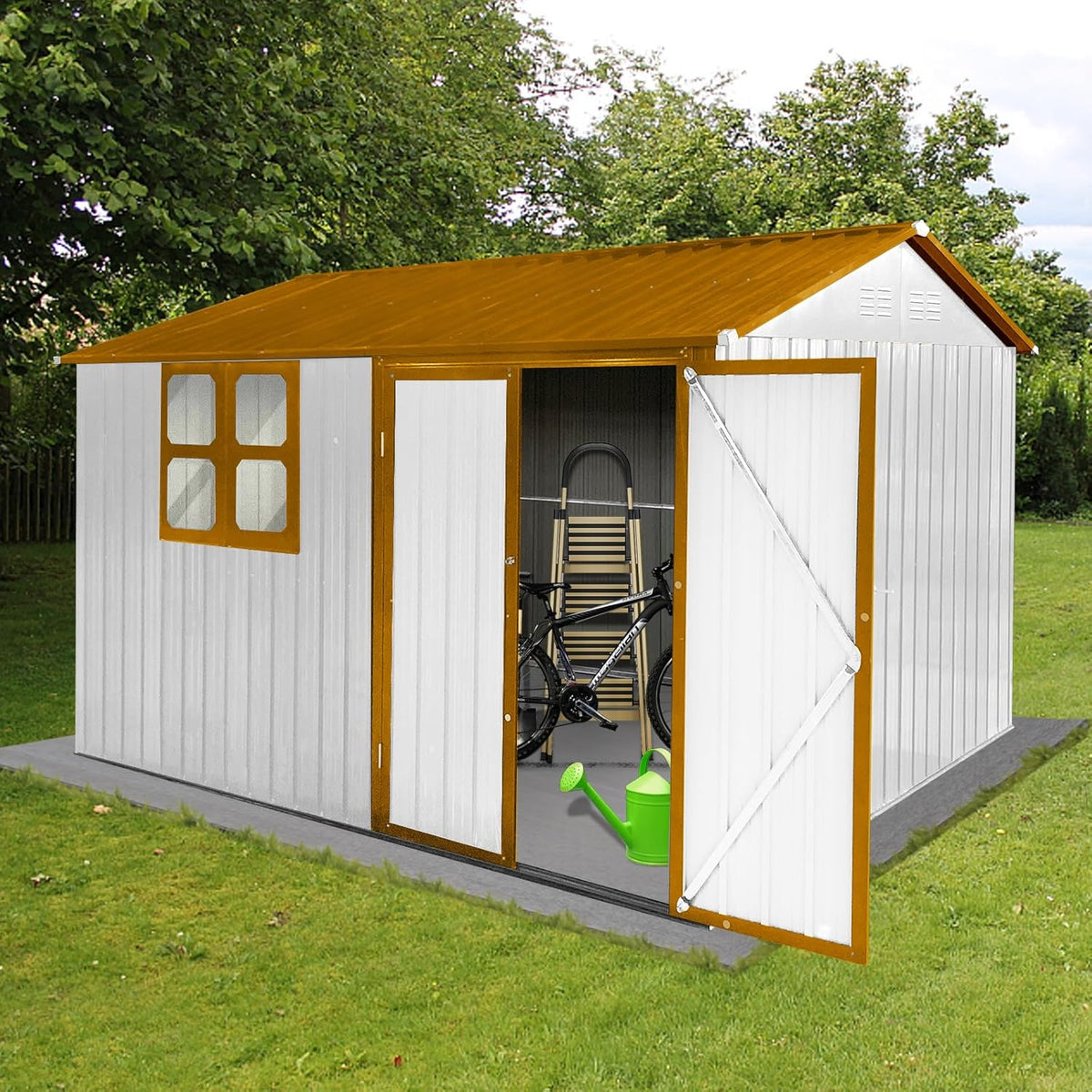 8x10 FT Outdoor Storage Shed, Metal Garden Shed with 4-pane Window, Outside Tool Shed with Lockable Hinged Doors & 4 Air Vents, Waterproof Storage Building for Backyard, Patio, Lawn, White+Yellow