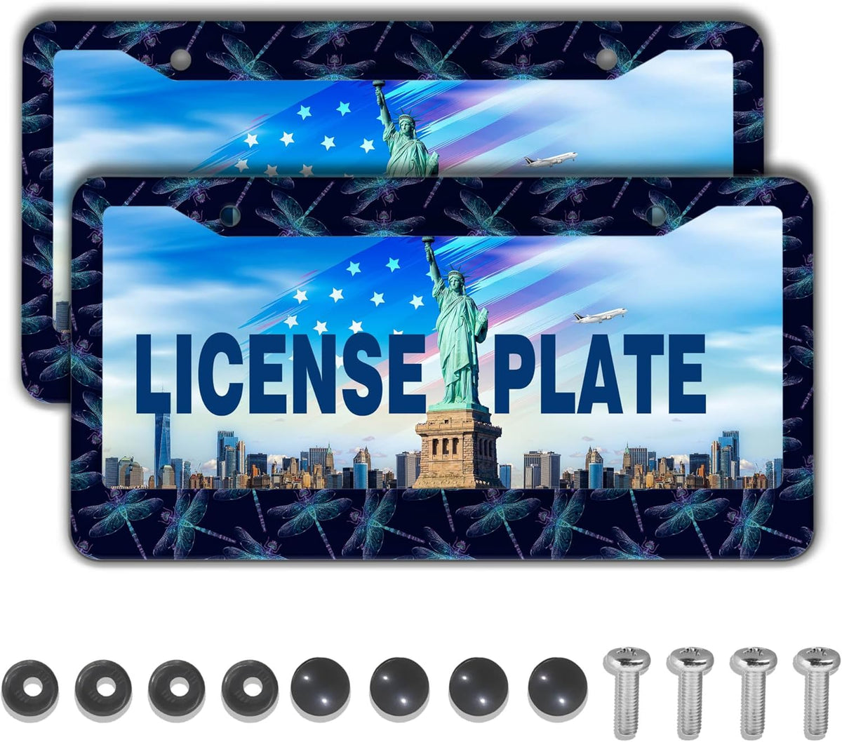 License Plate Frames Black Blue Automotive Exterior Accessories Beautiful Dragonfly Insects Aluminum Metal Car Accessory 2 Pack with Screw Covers Set