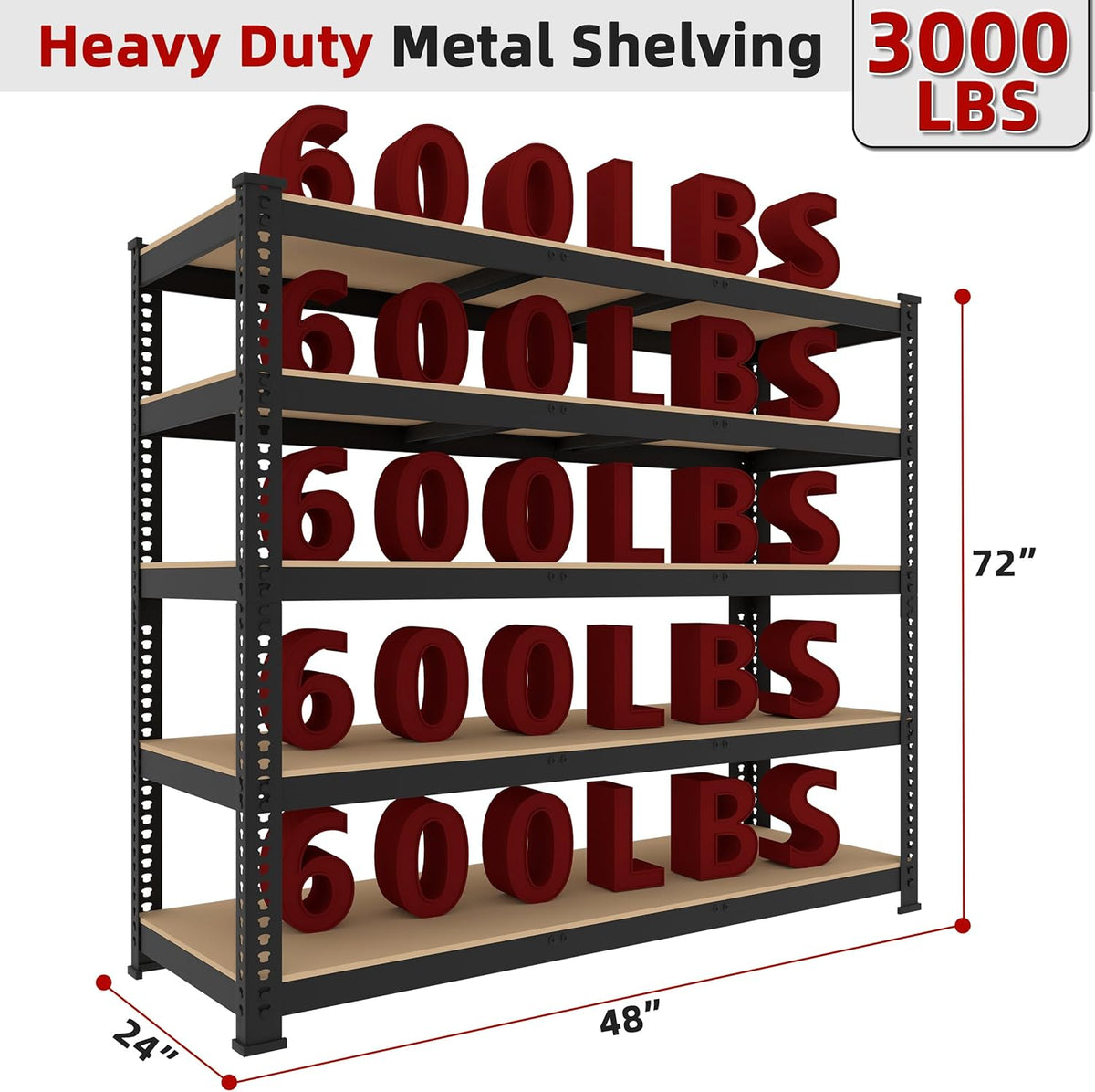 6 Packs 48" W x 24" D x 72" H Adjustable Garage Storage Shelves - 5-Shelf Heavy Duty Shelving Unit, Metal Utility Storage Organizer Racks for Warehouse Pantry Closet Kitchen, Black