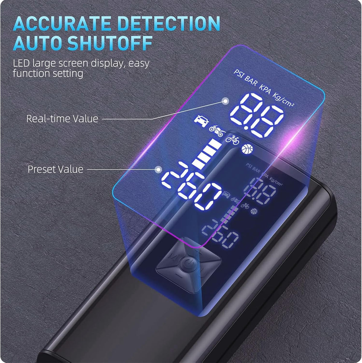 Portable Cordless Tire Inflator Air Compressor Pump for Car Motorcycle Bicycle Digital Pressure Gauge Shut Off LED Light 150PSI Fast Inflation for Tires Balls Sports Equipment