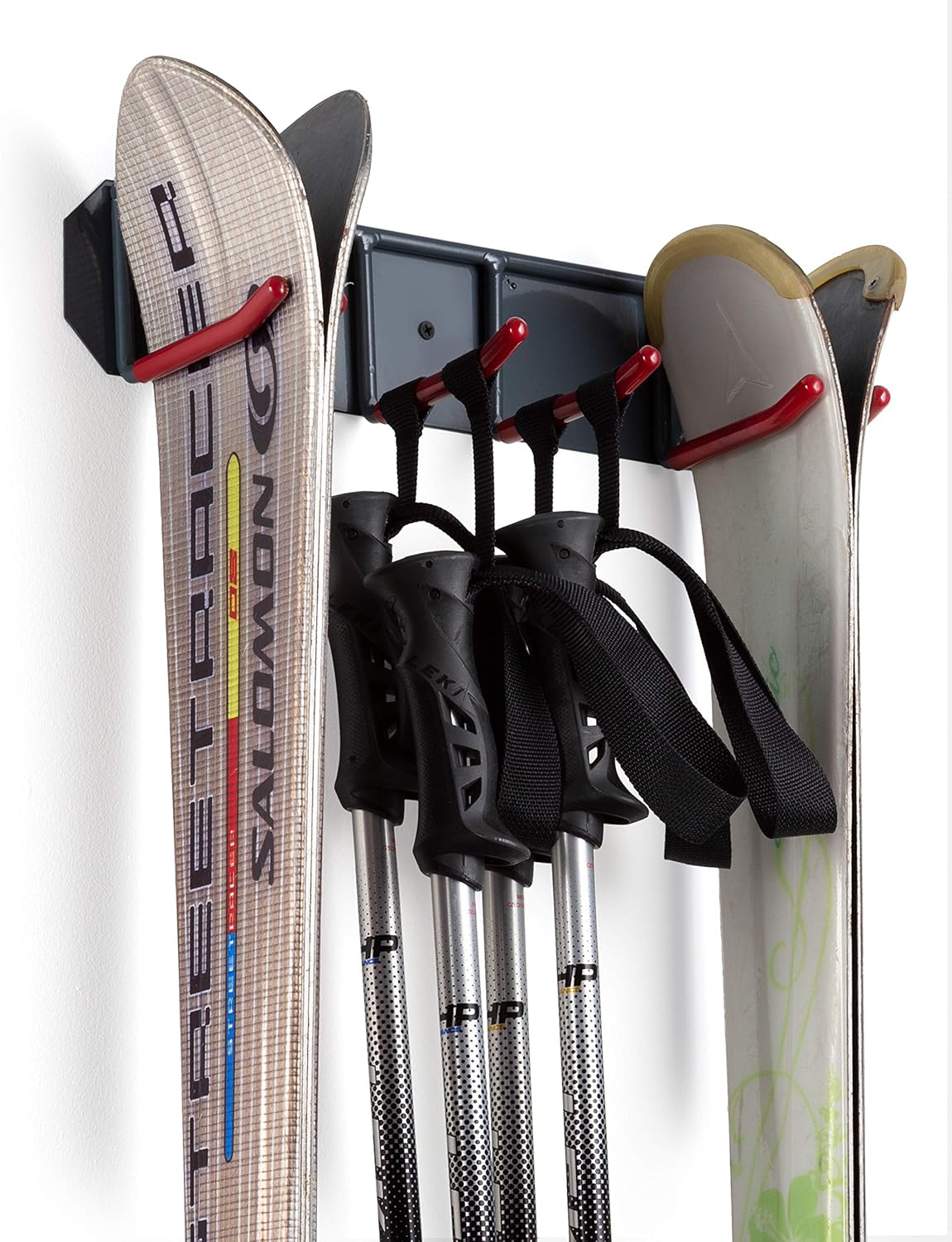 Wall Mounted Rack Organizer for Skis and Poles Heavy Duty Horizontal Wall Ski Rack Garage Storage with Metal Frame and Padded Hooks Indoors Outdoors Premium Wall Hooks (Medium Holds 2 Set of Ski's)