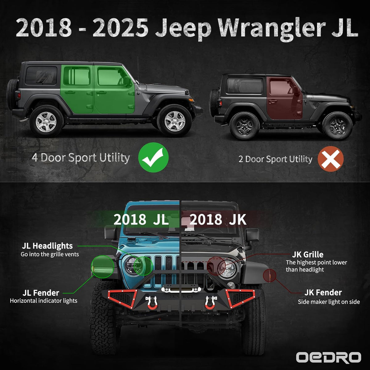 OEDRO All-Steel Build Running Boards Compatible with 2018-2025 Jeep Wrangler JL 4 Door, Bolt-on Side Steps with Leaf Shaped Design, Black Powder Coated Nerf Bar