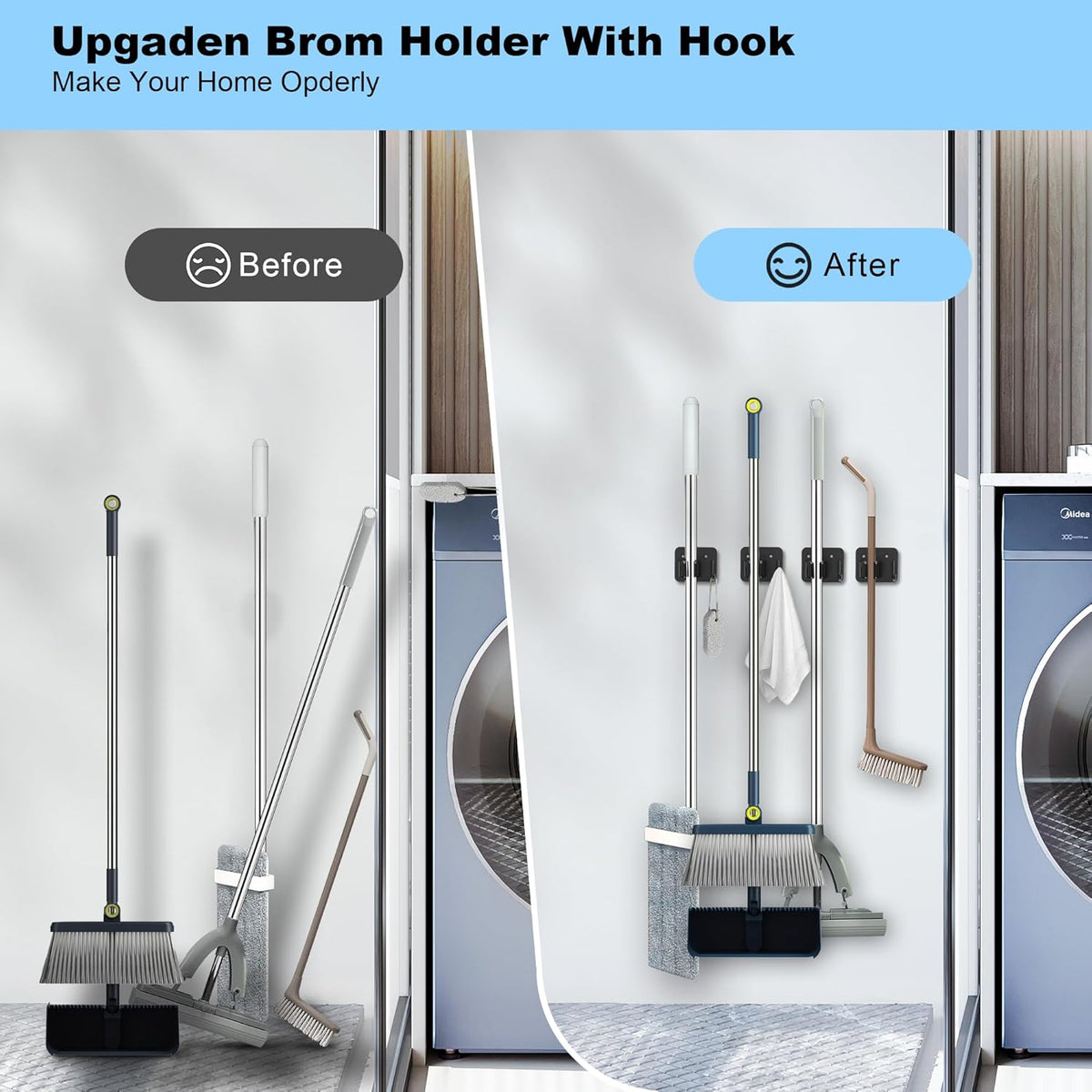 4 Pack Mop and Broom Holder Wall Mount - Stainless Steel Broom Mop Hanger - Wall Mounted Garden Tool Rack Organizer for Closet Garage Laundry Room Kitchen Decor (Black)