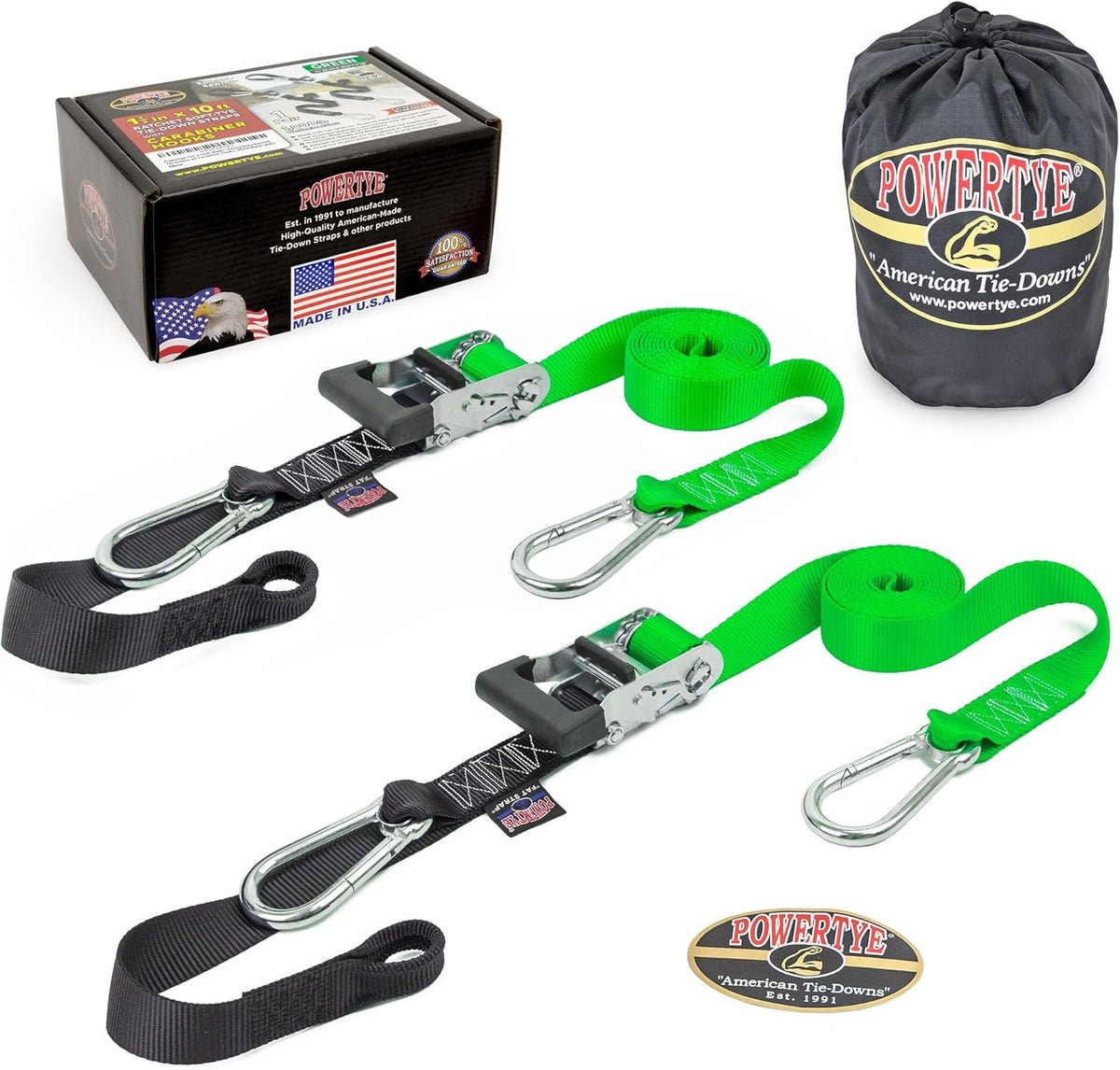 PowerTye - Made in USA - Extra Long Ratchet Tie Down Straps, Heavy Duty with Carabiner Hooks, Soft-Tye & Bag, for Motorcycle, ATV & Cargo, 1,000 lb WLL, 1.5 inch x 10ft Long, Green/Black (Pair)
