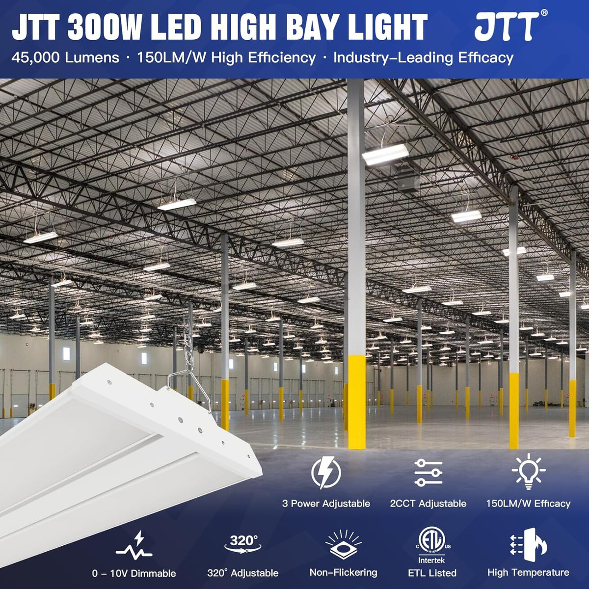JTT 300W LED Linear High Bay Light, 45000LM Linear High Bay Shop Light Commercial 120-277V, 5000K Lights Shop Workshop Store Commercial Supermarket Warehouse Basement,5 Years Warranty,4-Pack ETL