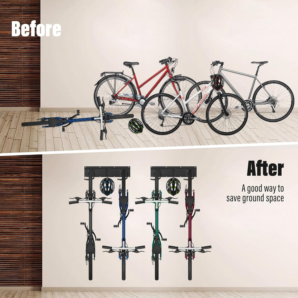 Sinoer Bicycle Wall Rack, Wall Mount for 4 Bicycles + 2 Helmets, Tool Storage Hook Adjustable for Garage or Home, Vertical Bicycle Hanger (Inner Width: 90 mm) - 2 Rails