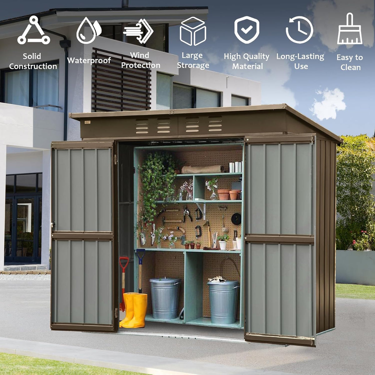 IKERY Metal Storage Shed - 6' x 4' with Double Lockable Doors, Garden and Backyard Tool Shed for Bikes, Weather - Resistant, Dark Gray