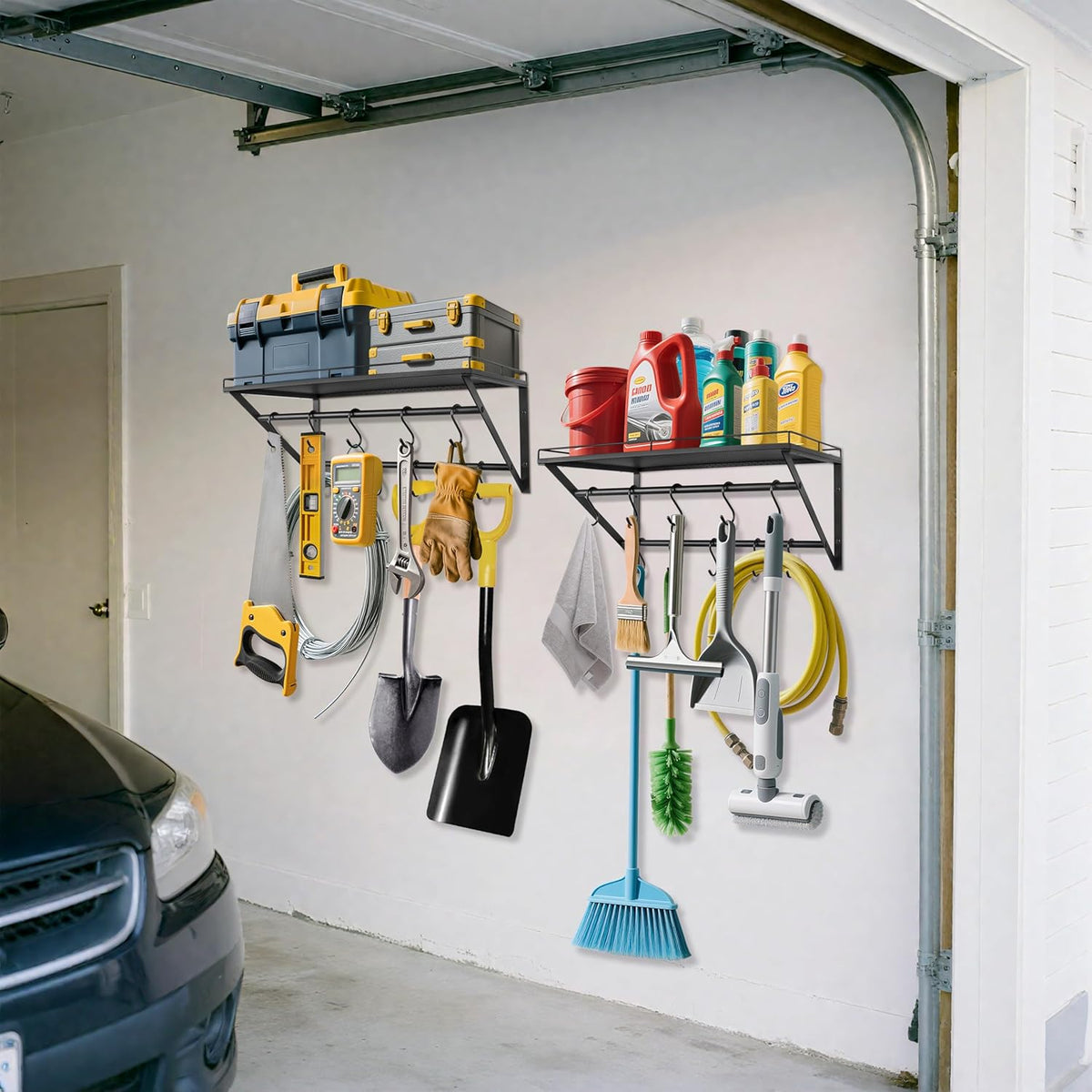 RedCall 2 Pack Garage Wall Shelf with 10 Hooks,23.5" x 13"Wall Mounted Storage Shelves with 2 Hanging Bars Rack for Garage, Closet, Laundry Room,Heavy Duty Metal Shelves