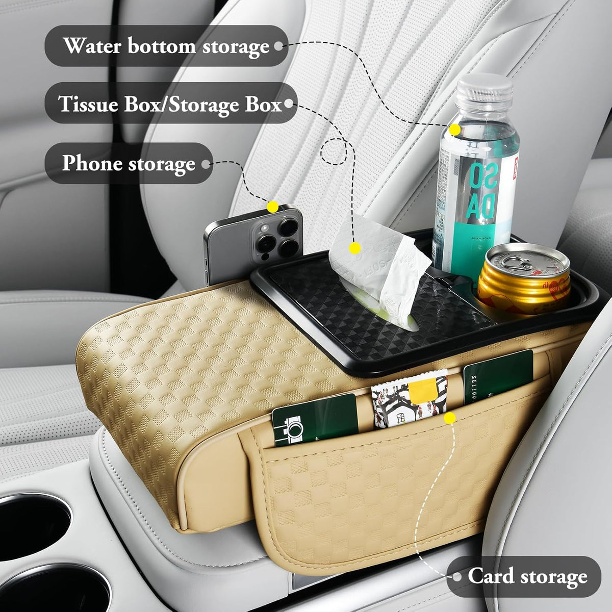 Car Center Console Cover, Armrest Cover for Storing Water Cups, Tissues, Cards, and Phones, 4-in-1 Center Cover with Soft Leather and High Resilience Memory Foam (Light Beige)