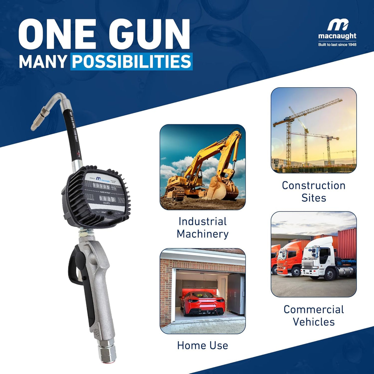 Macnaught Pneumatic Oil Gun with Control Valve 1/2" inch NPT Inlet, Mechanical Meter, Registers in Qts & Totals in Gal. Oil, antifreeze, trans fluid, lubricating oil, synthetic hydraulic oil & more