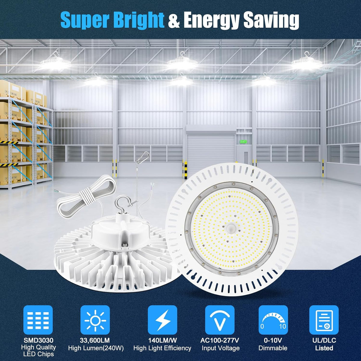 240W LED High Bay Light, AC100-277V 33,600LM 0-10V Dimmable (Equiv. to 1200W HID/HPS) UL Listed IP65 Waterproof 5000K UFO LED Shop Lights for Warehouse Factory Gym Area Light