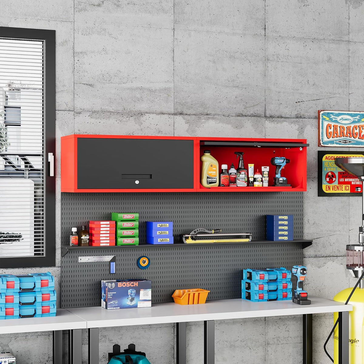 Metal Storage Cabinet Black&Red Wall Cabinets with Locking Door - Wall Mounted Storage Cabinet for Garage Warehouse Home Office - Assembly Required
