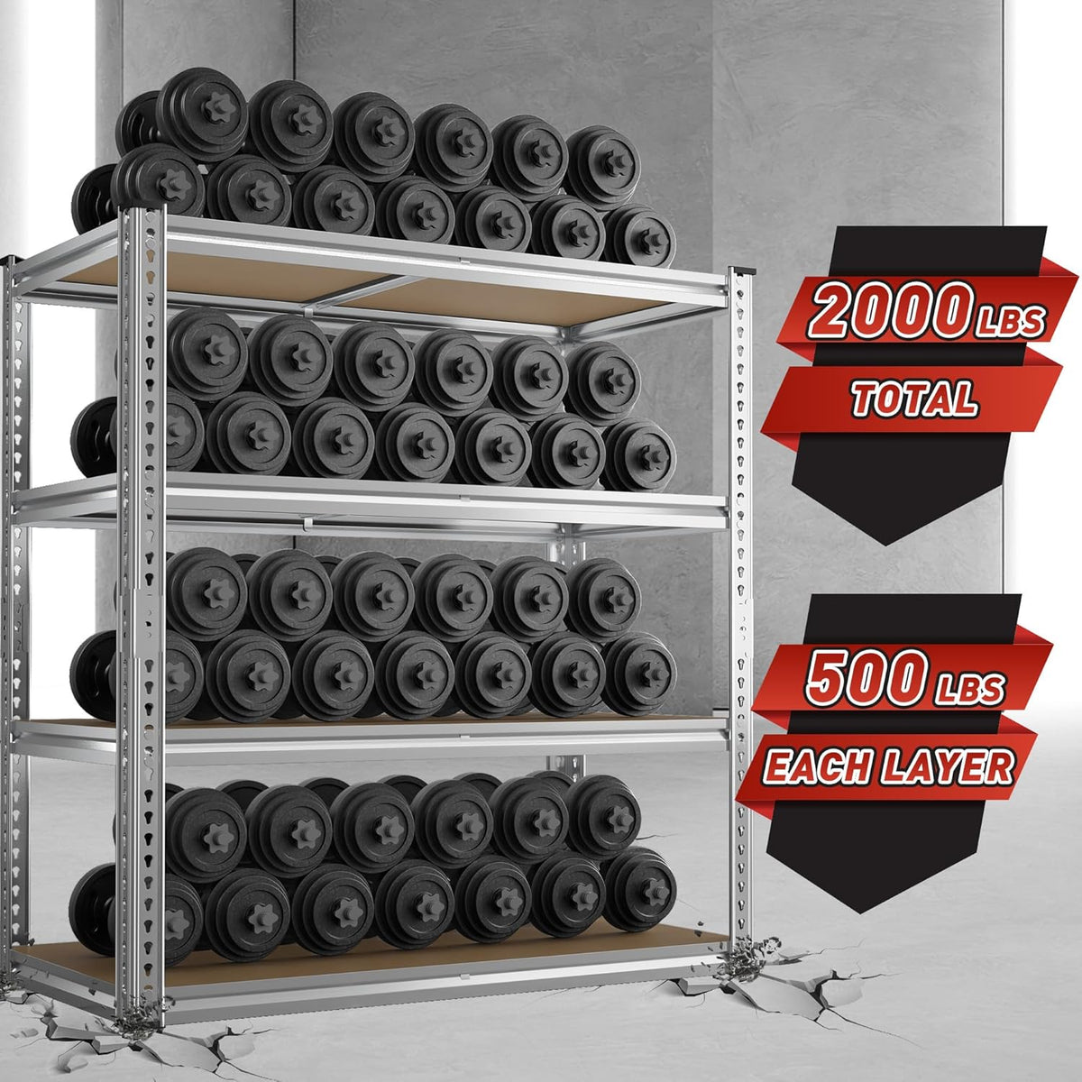 REIBII 40" W Garage Shelving 2000LBS Storage Shelves Adjustable Metal Shelving 4 Tier Pantry Shelves for Closet Basement Kitchen 40" W x 19.7''D x 60''H, Silver