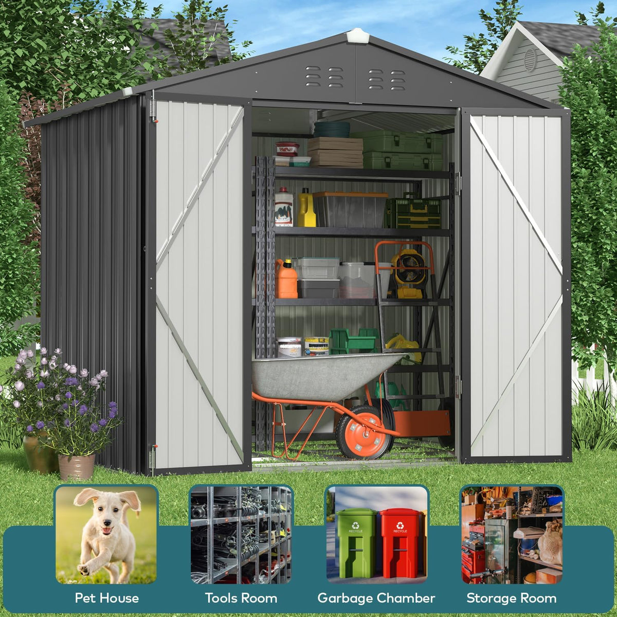 Gizoon Outdoor Storage Shed 8 x 6 FT, Galvanized Metal Garden Shed with Double Lockable Doors, Outdoor Storage Clearance for Backyard Patio Lawn-Dark Grey