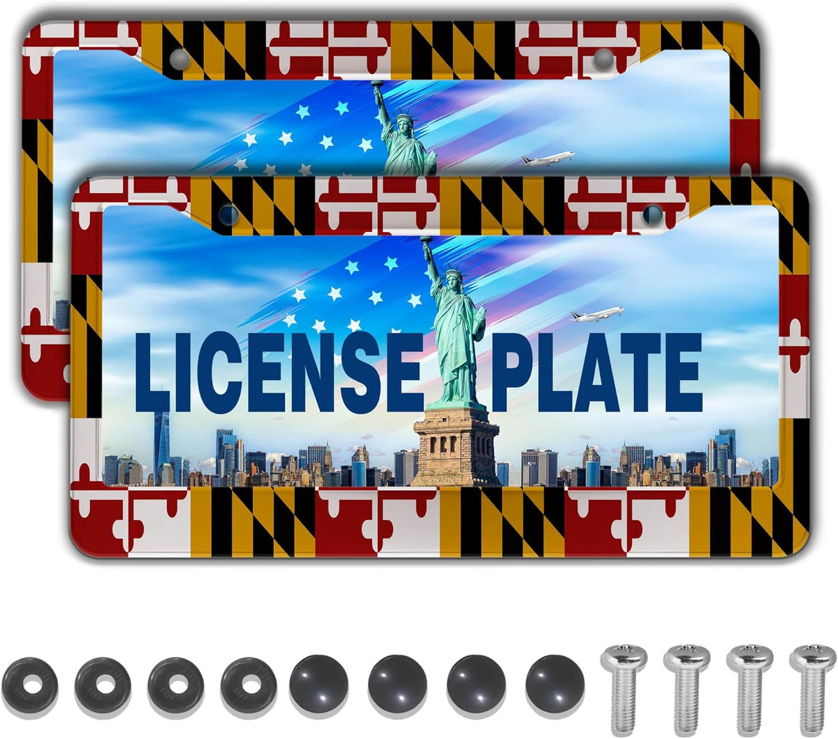 Front License Plate Bracket Multicolor License Plate Frames Flag of Maryland Universal Aluminum Car Accessory 2 Pack with Screw Covers Set