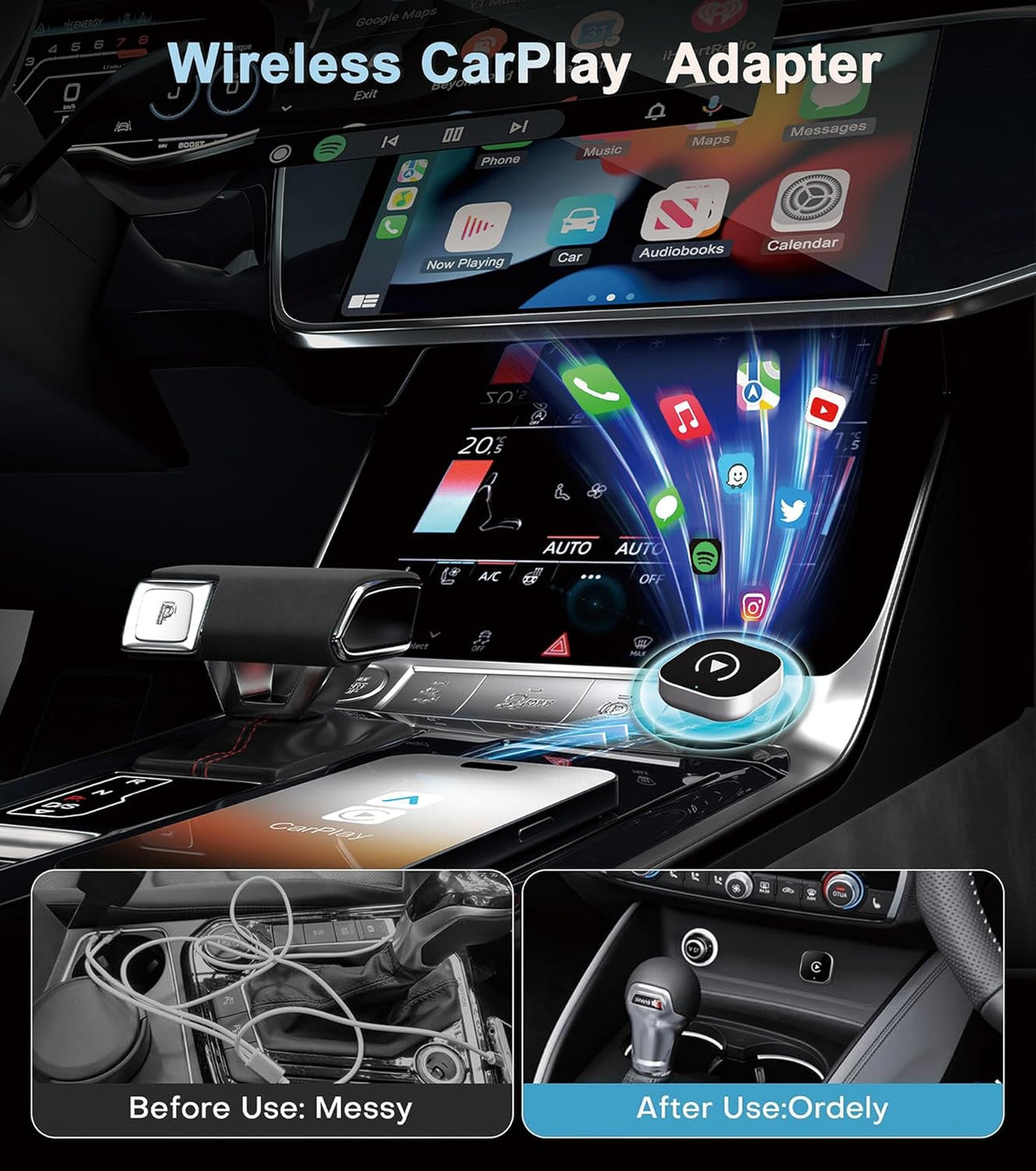 CarPlay Wireless Adapter, Plug-and-Play, Supports CarPlay+Android Auto, Mini and Stable Wireless CarPlay Adapter, Compatible with Apple iOS 10+ and Wired CarPlay Vehicles Manufactured After 2016.