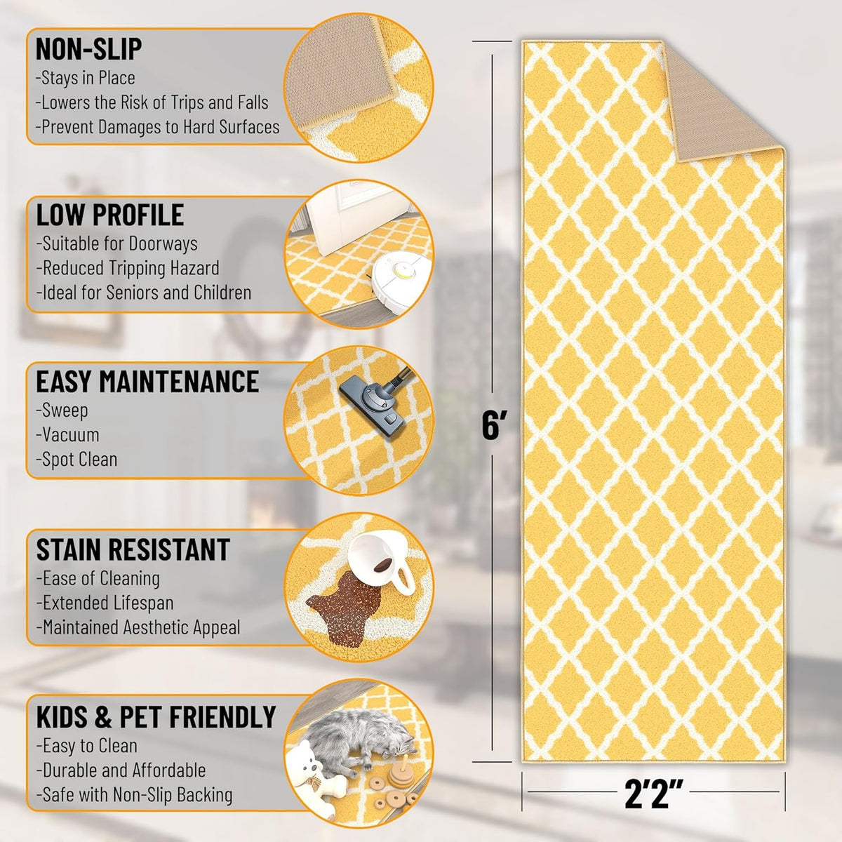 Ottomanson Hallway Runner Rug 2'2" x 6' Non Slip Trellis Area Rugs Easy to Clean Laundry Rug Runner Durable & Pet Friendly Floor Carpet Runners for Hallways Entryway Living Room Kitchen, Yellow