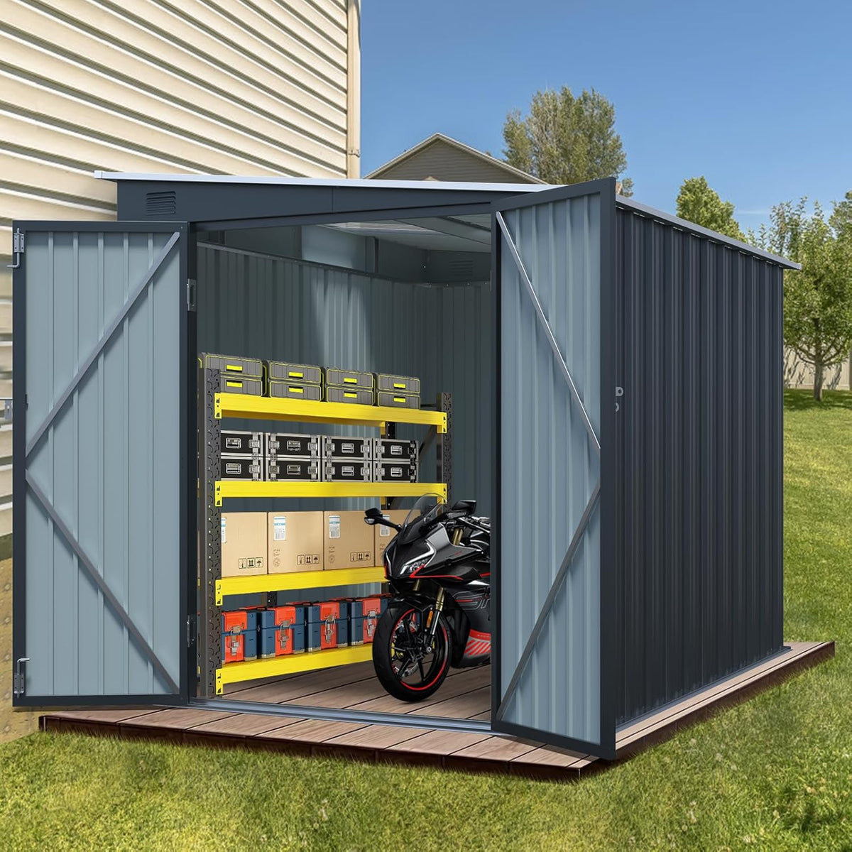 6x8FT Outdoor Storage Shed with Lockable Double Doors, Metal Lean to Garden Shed with Free PC Light Board for Tools, Small Outside Storage Shed Waterproof for Backyard, Garden, Patio