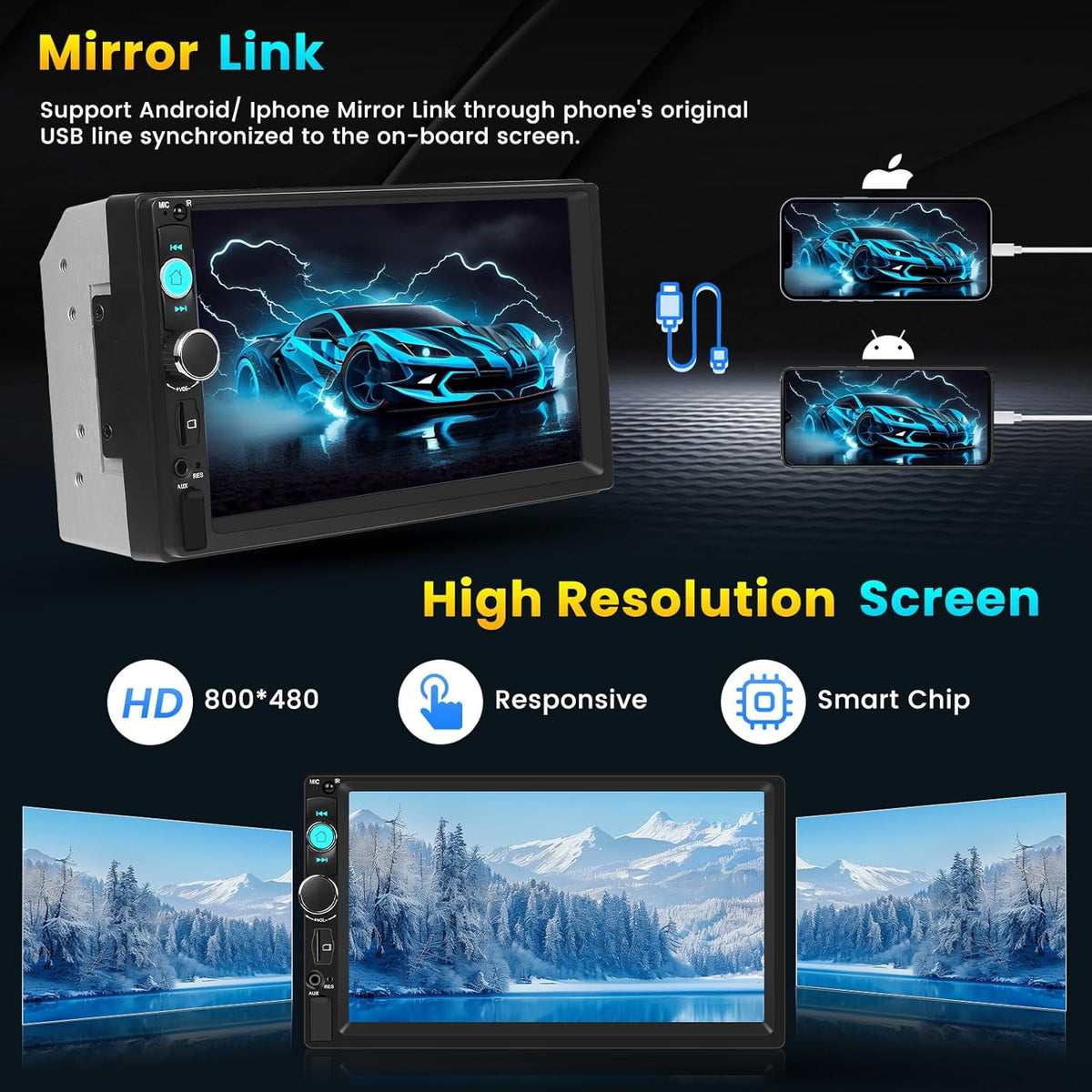 Double Din Car Stereo with 7 Inch HD Touchscreen Radio with Mirror Link Video Output Bluetooth FM Radio EQ FM/MP3/MP4/Subwoofer AUX/TF/USB Port, Car Audio Receivers with SWC Backup Camera MIC